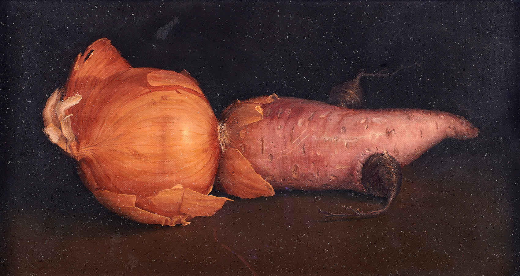 Derrick Guild (Scottish, b. 1963), <em>Onion, Sweet Potato, Beet</em>, 2004, oil on linen, 12″ x 22″. Exhibited: Allan Stone Gallery (New York, NY) <em>Derrick Guild: Pre-Ascension</em>, March 8–April 28, 2007. Provenance: Acquired by descent from the Estate of Allan Stone.
