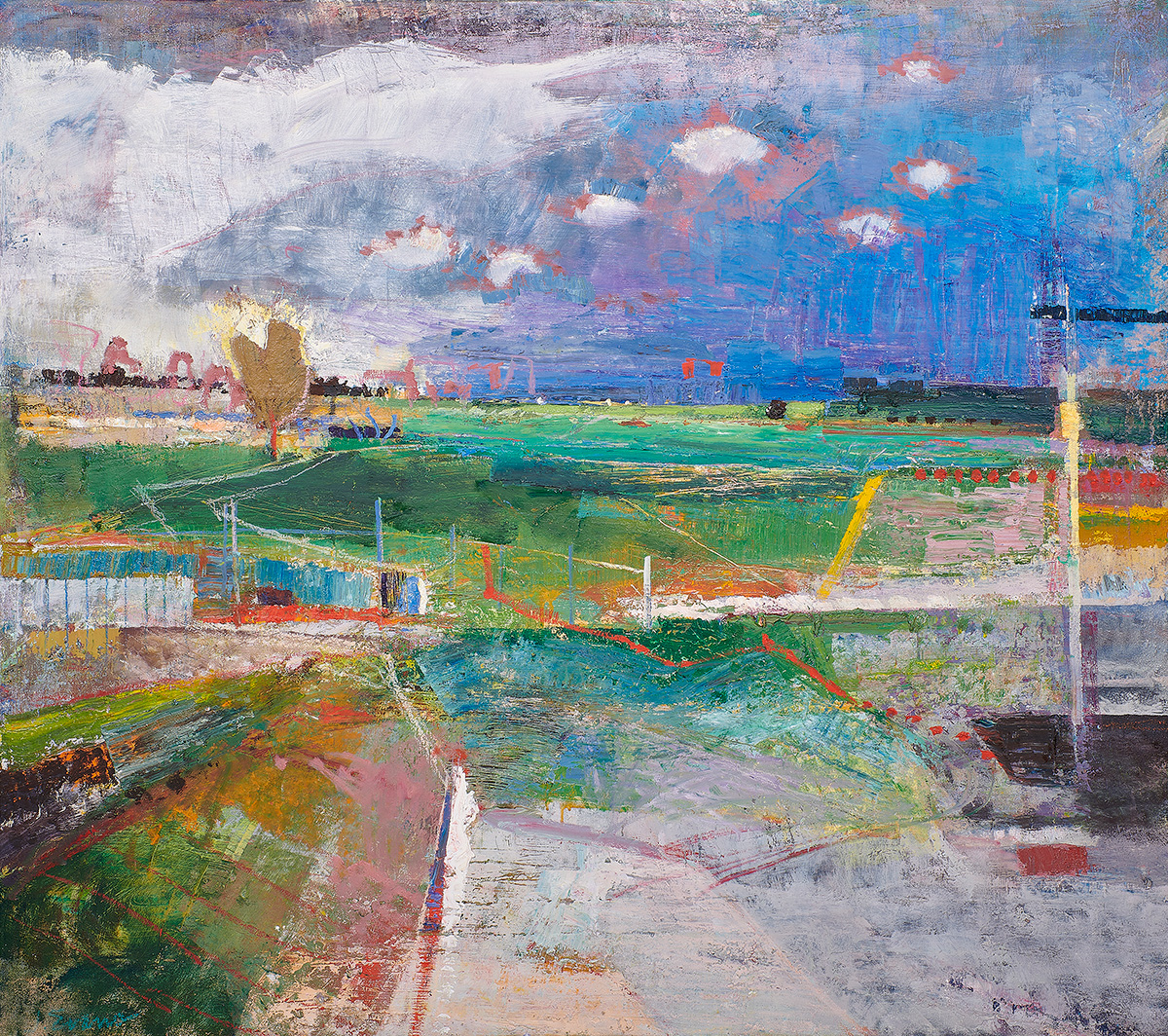 John Evans (American, b. 1945), <em>Beach Parking</em>, 1997, oil on canvas, 48″ x 52.25″. Provenance: Acquired by descent from the Estate of Allan Stone.