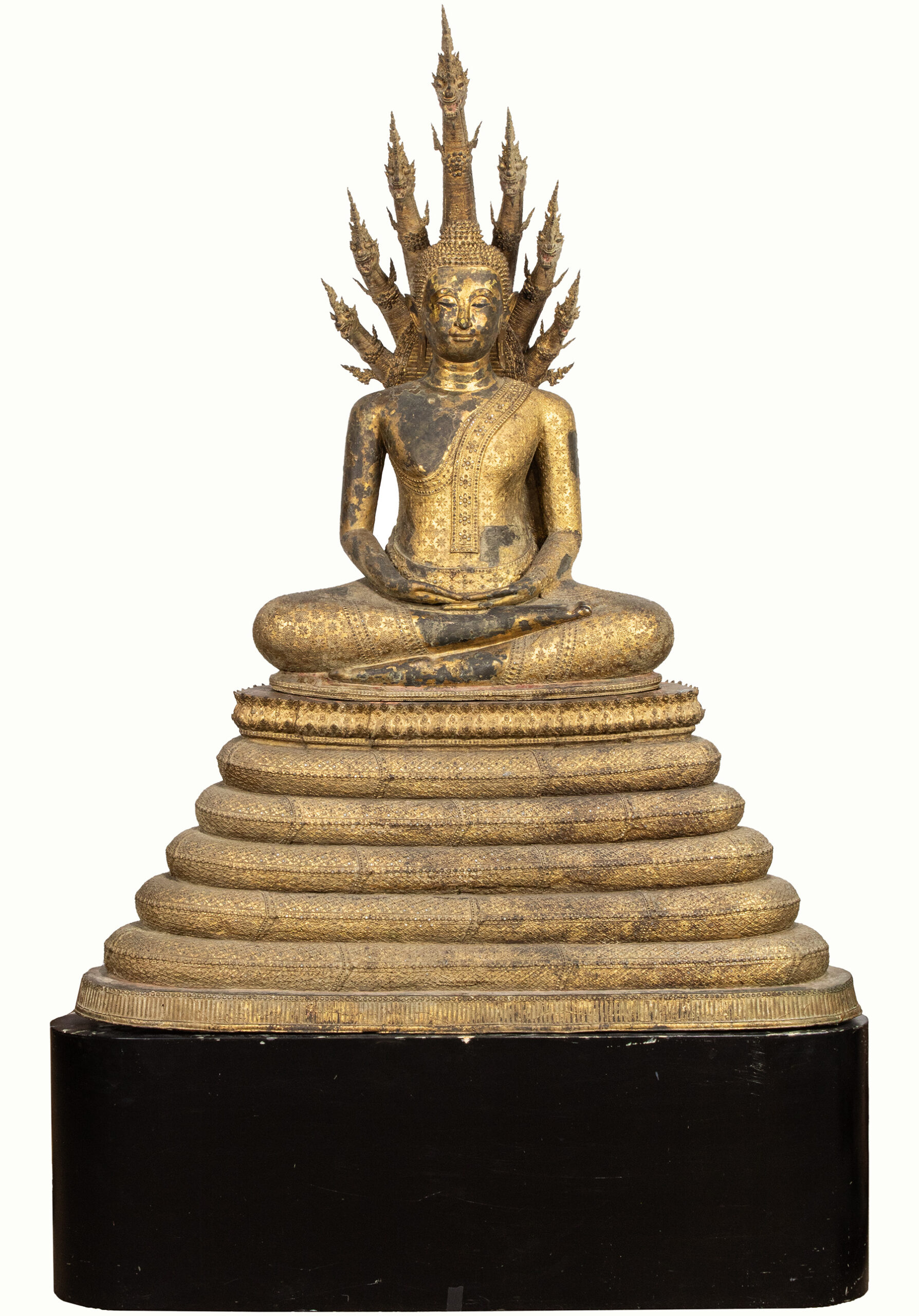 Thai gilt bronze figure of Buddha under Muchalinda, Rattanakosin Kingdom.