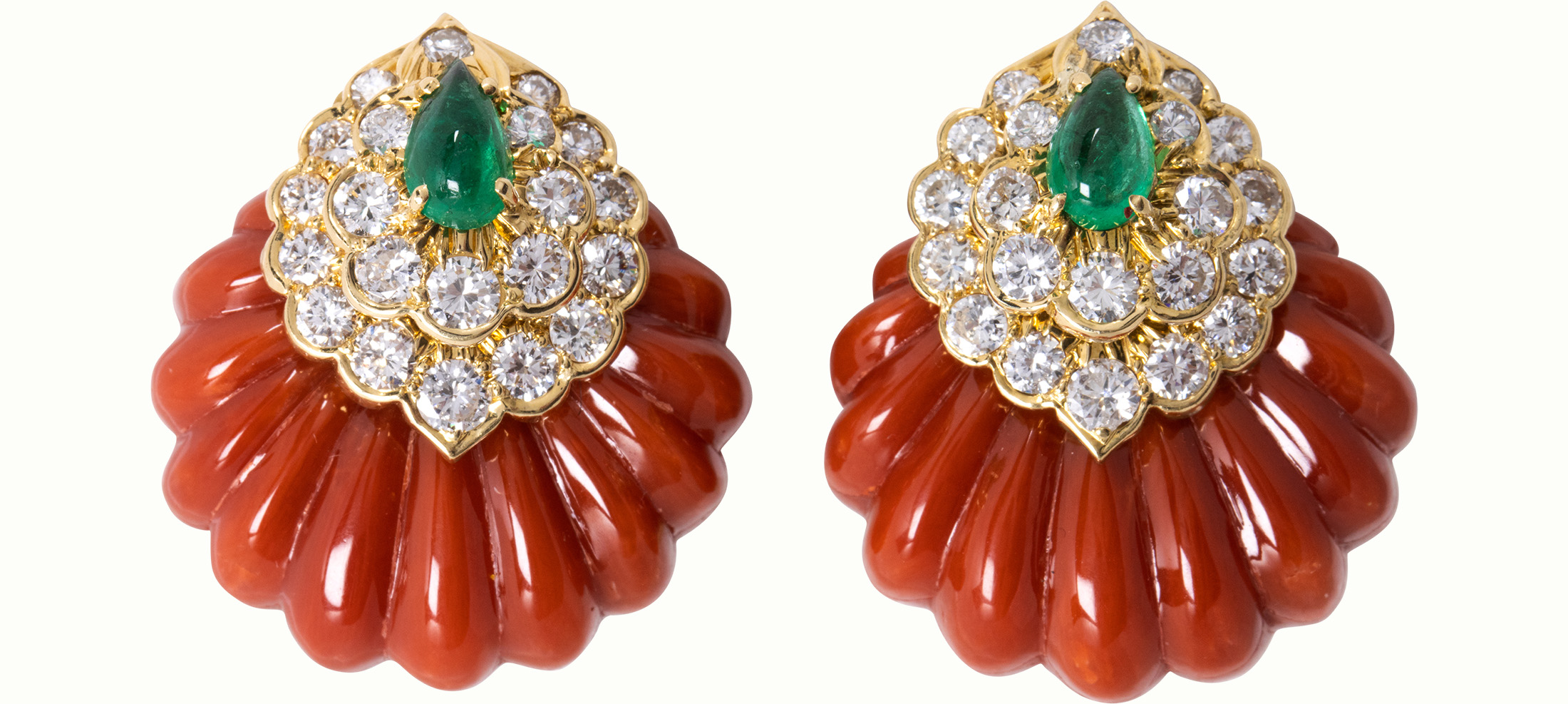 David Webb, a pair of coral, diamond, emerald and 18k gold ear clips.