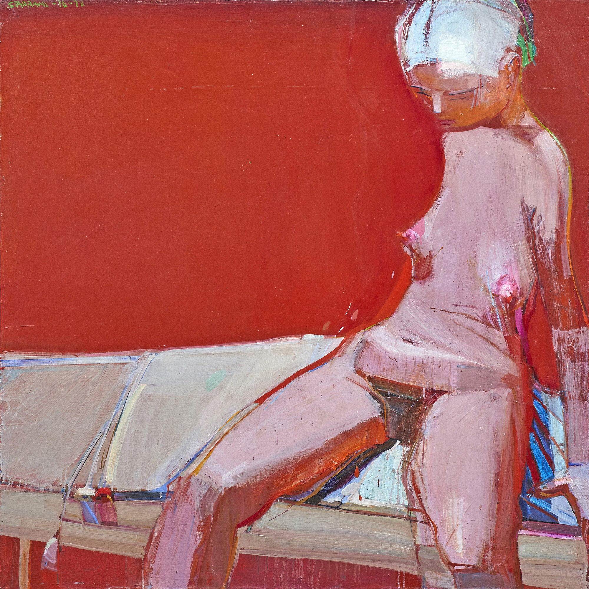 Raimonds Staprans (American/Latvian, b. 1926), Seated Nude (Erica), 1976–78, oil on canvas, 40″ x 40″.