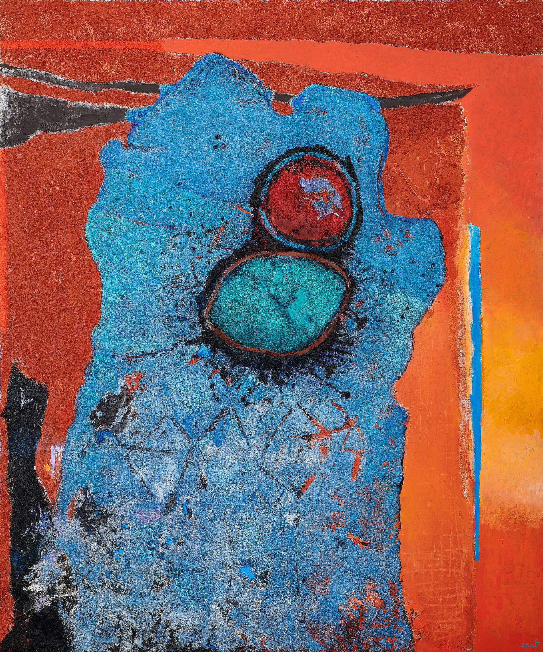 Enrico Donati (American/Italian, 1909–2008), Cerveteri in Red + Blue, 1984–85, oil and mixed media (sand) on canvas, 60″ x 50″.