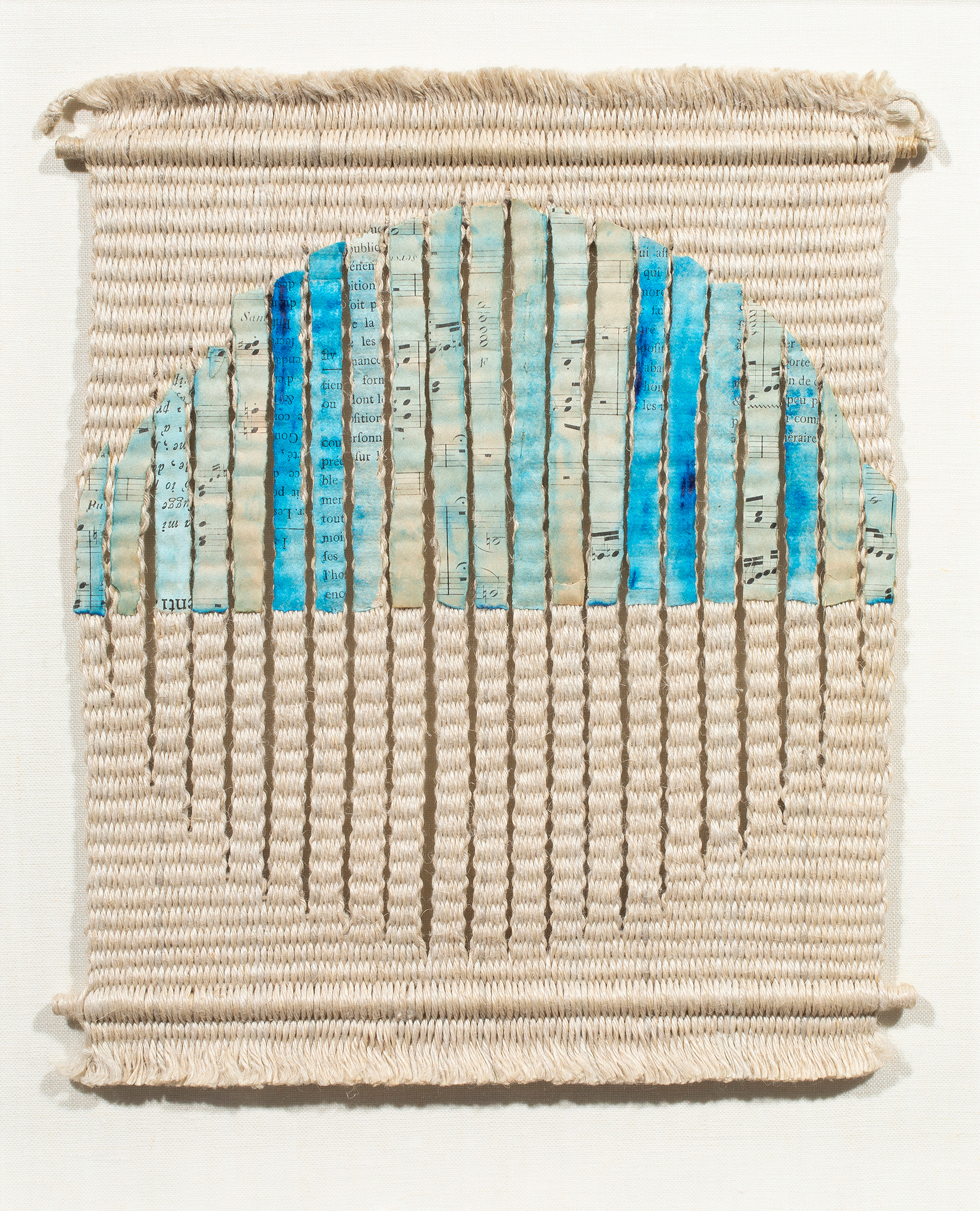 Lenore Tawney (American, 1907–2007), Blue Moon, warp-faced weft-ribbed plain weave with collage and paint, weaving: 13″ x 10″, overall (with shadowbox): 17″ x 14.75″.