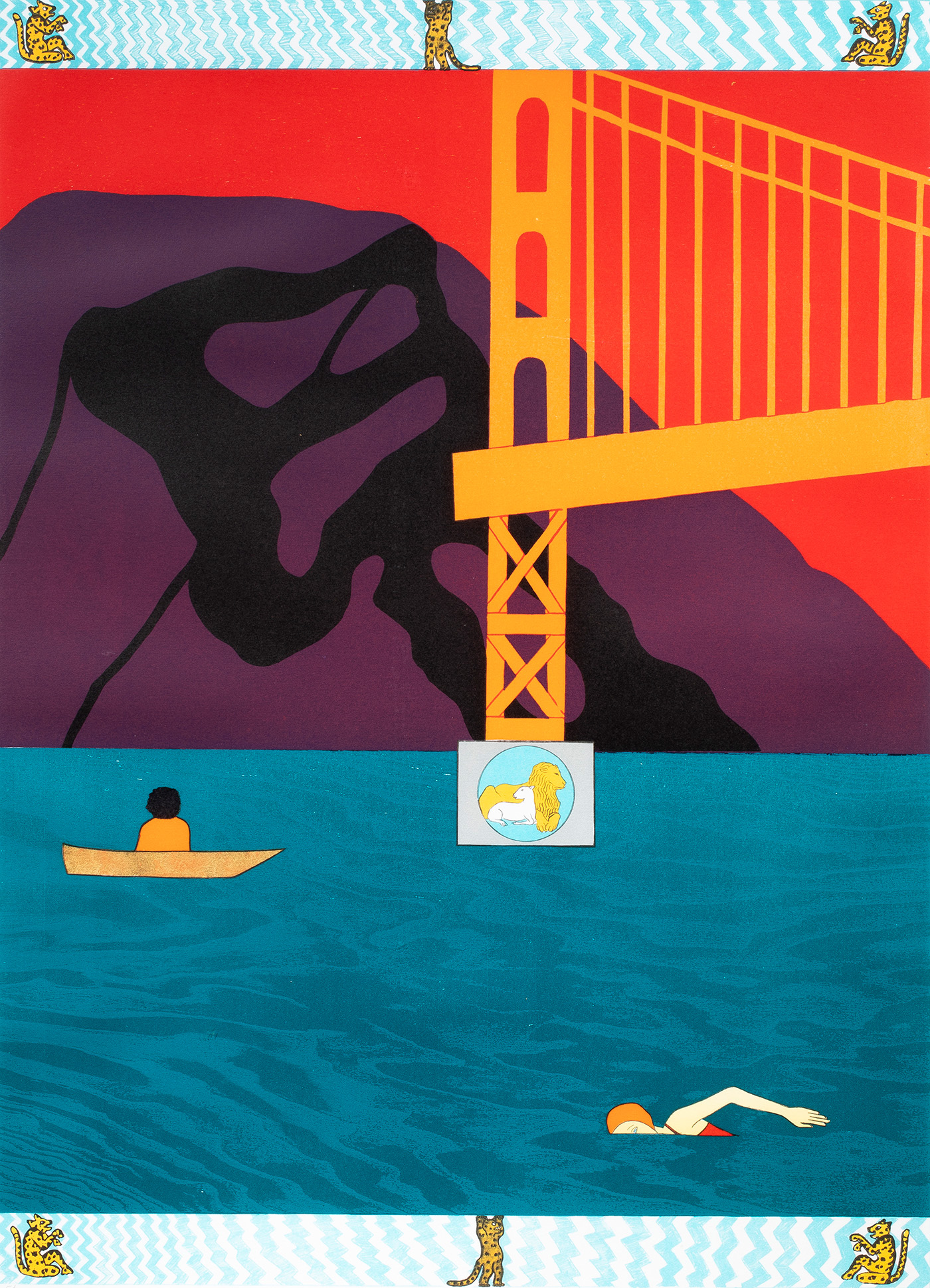 Joan Brown (American, 1938–1990), <em>Golden Gate</em>, 1987, woodcut and lithograph, 37.5″ x 27″.