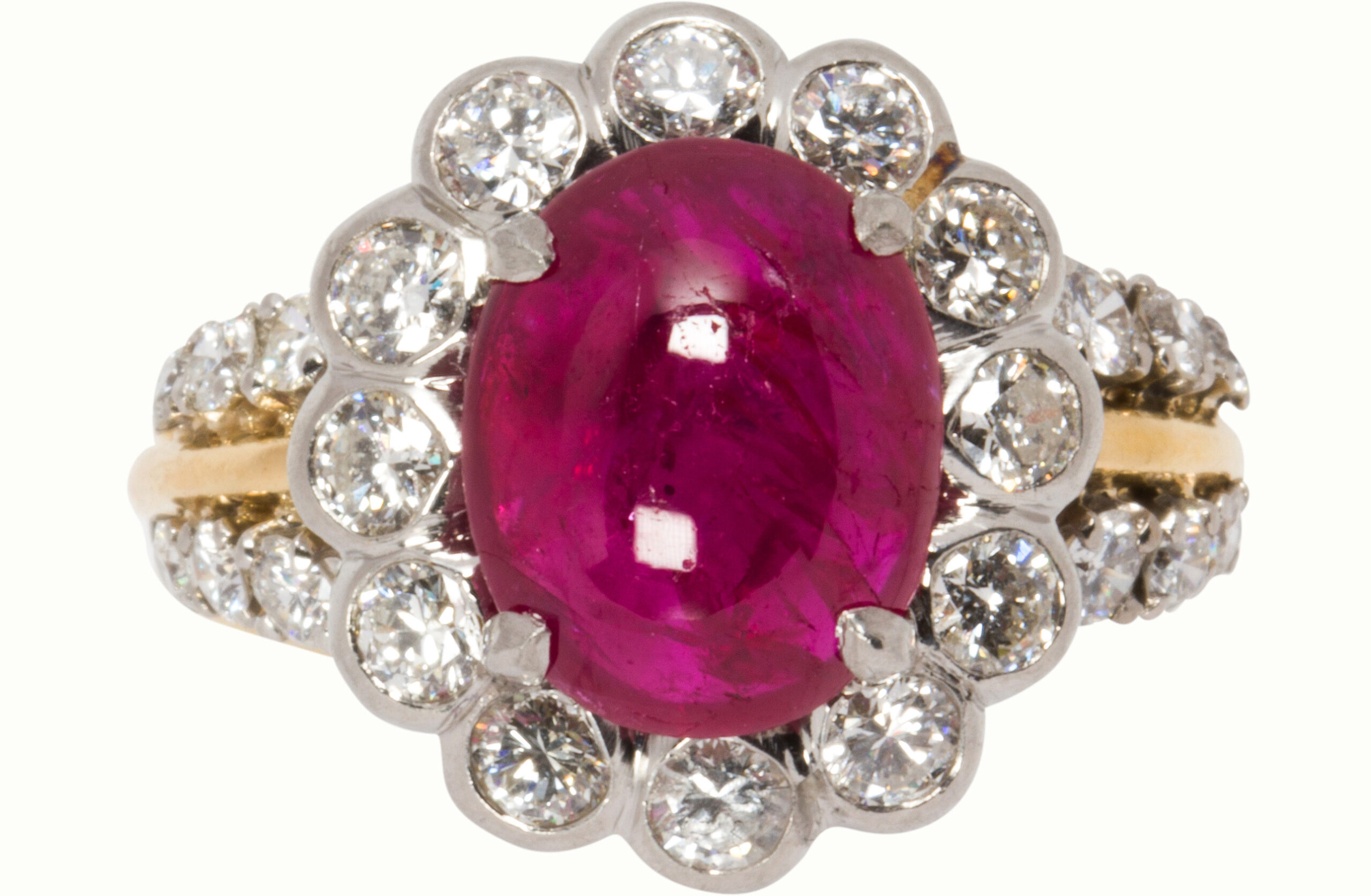 A No Heat Burma ruby, diamond and 14k bi-color gold ring.