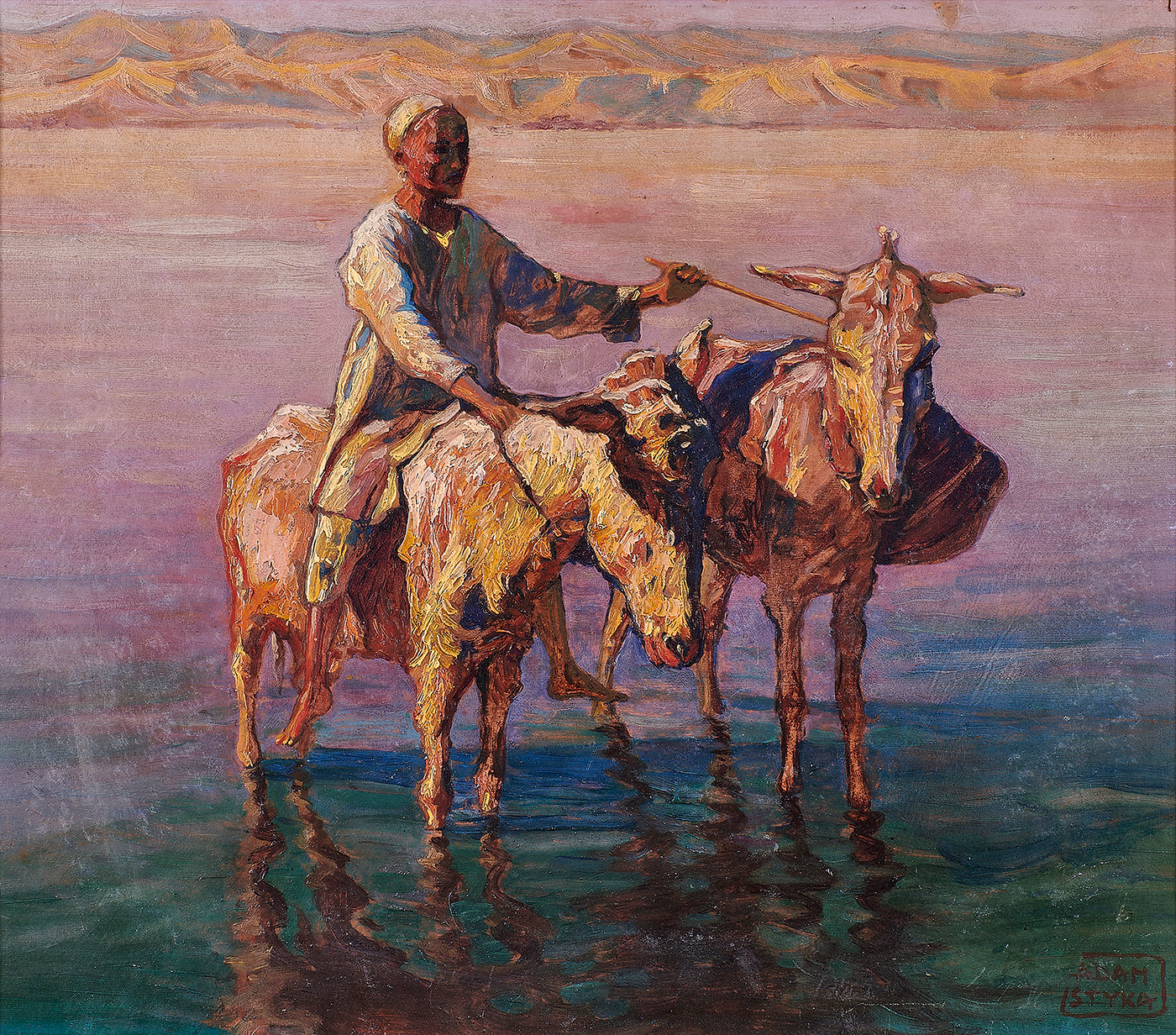 Adam Styka (French/Polish, 1890–1959), Untitled (Orientalist Scene with Figure on Donkey), oil on board, 25″ x 29″.