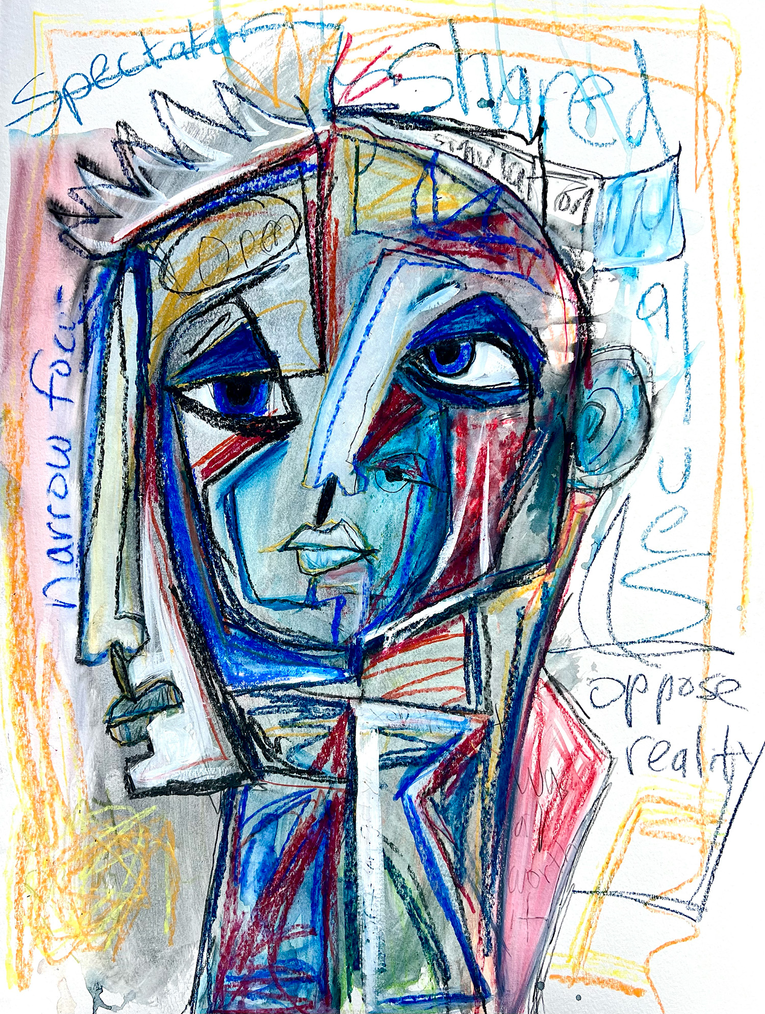 Gabe Weis (American, 20th century), Oppose Reality, 2023, mixed media with watercolor crayons, acrylic paint, and graphite on watercolor paper, paper: 30″ x 22.5″.