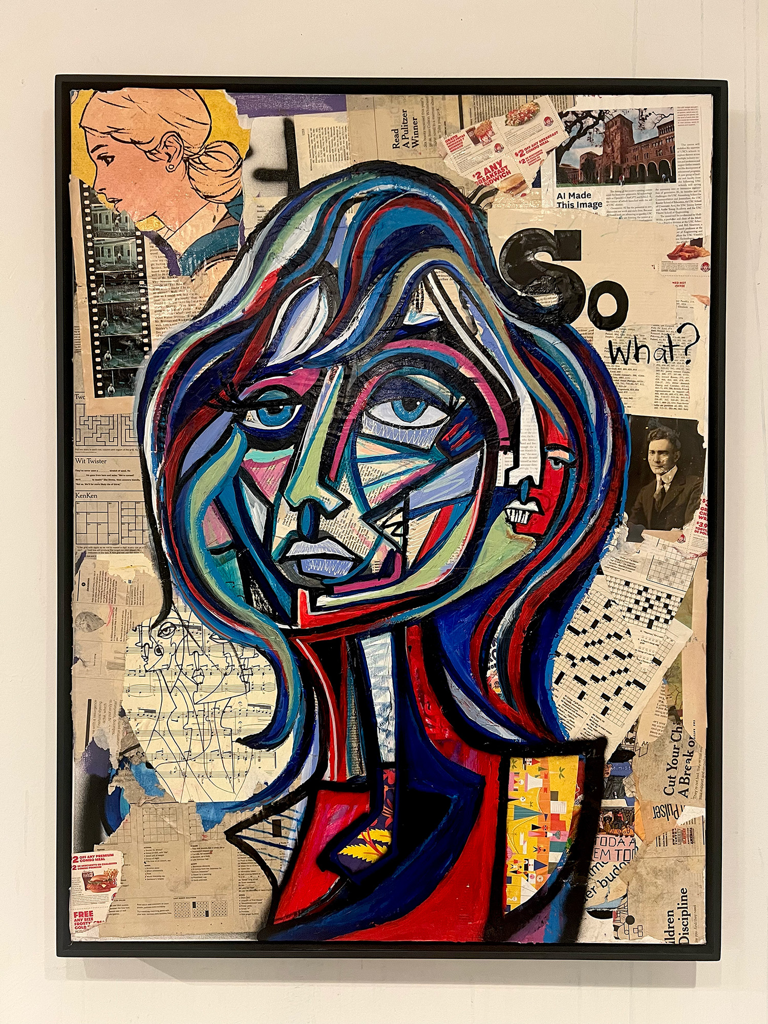 Gabe Weis (American, 20th century), <em>So What?</em>, 2023, mixed media collage with acrylic paint, oil markers, and graffiti markers on canvas, canvas: 40″ x 30″.