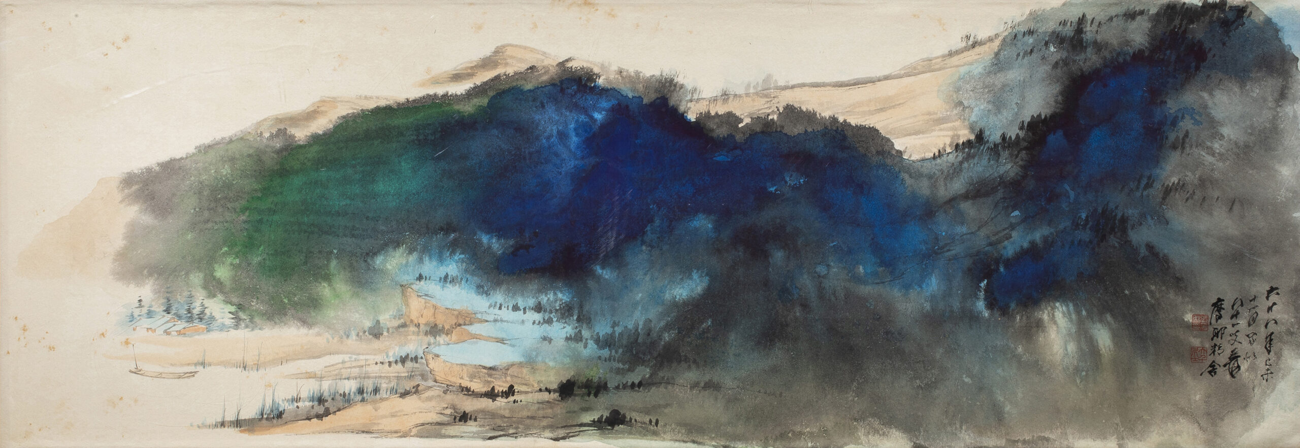 Attributed to Zhang Daqian, Splashed ink landscape, ink and color on paper, framed and glazed, inscribed, dated, and with two seals, 13″ x 37.25″.
