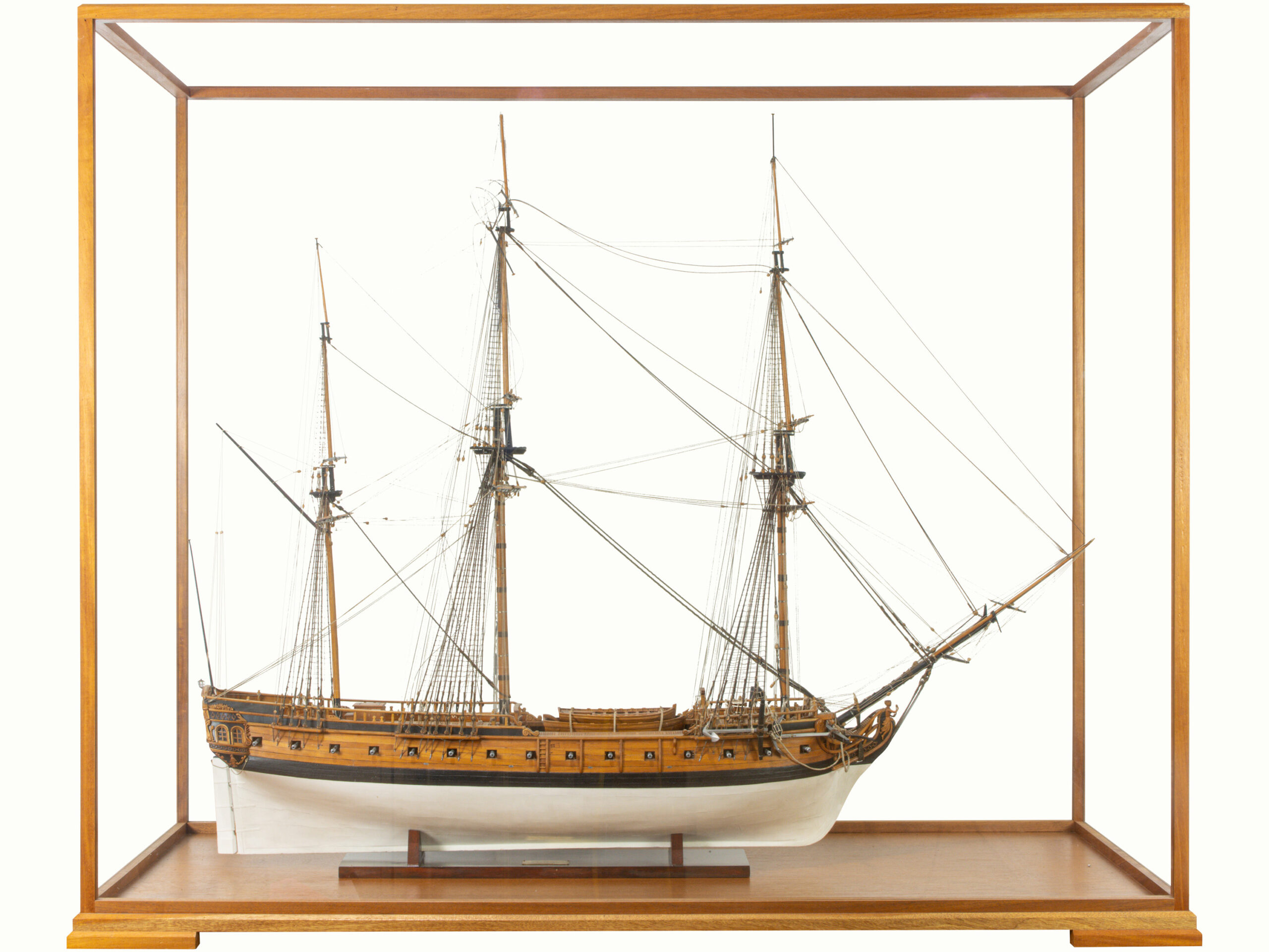 A scratch built ship model of La Flore Americaine in case, 55″ x 24.5″ x 45.75″.