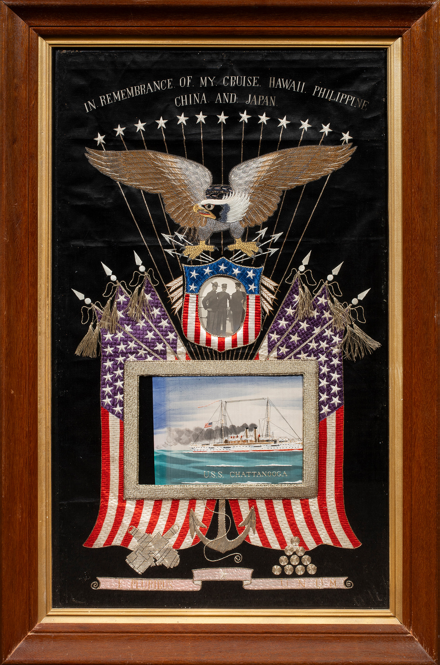 A Japanese silk and metallic thread commemorative sailor's silk embroidery: U.S.S. Chattanooga.