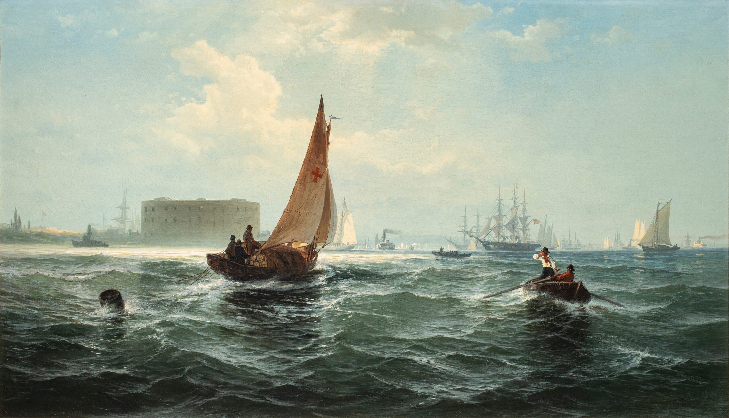 Edward Moran (American/British, 1829–1901), New York Bay from the Battery, 1871, oil on canvas, 24.75″ x 42.75″. Provenance: Estate of Mérí Jaye (San Francisco, California).