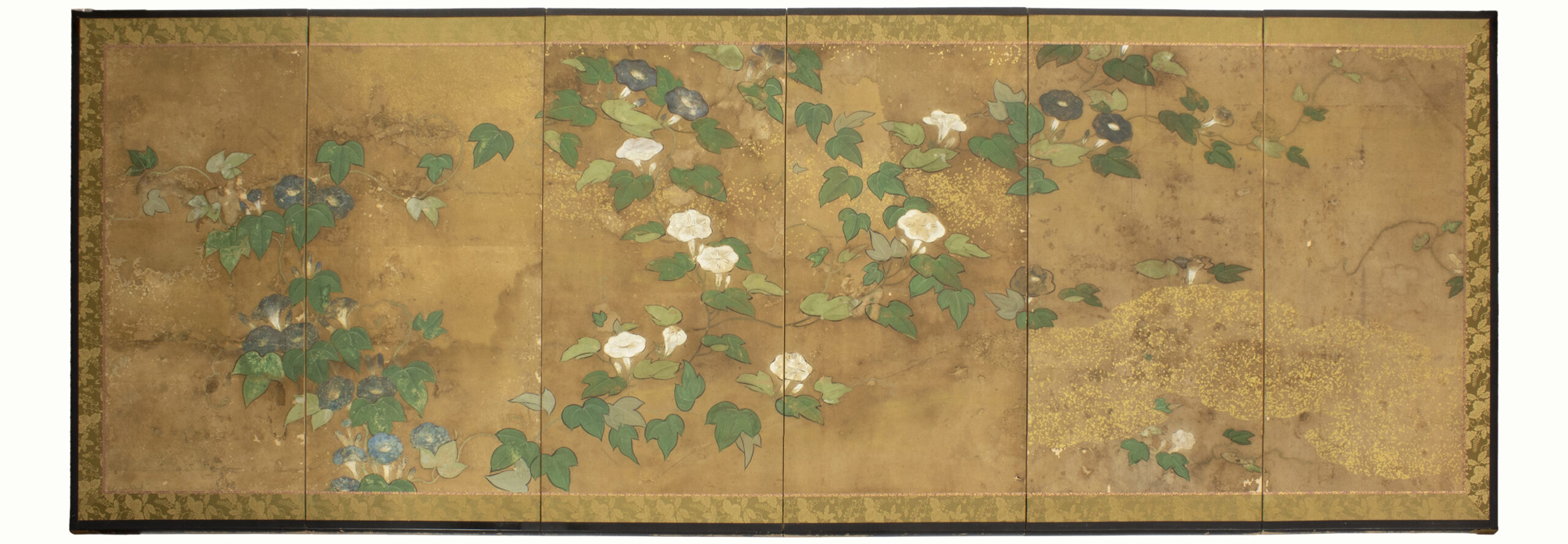 A Japanese six-panel folding screen depicting morning glory, 36″ x 102″.