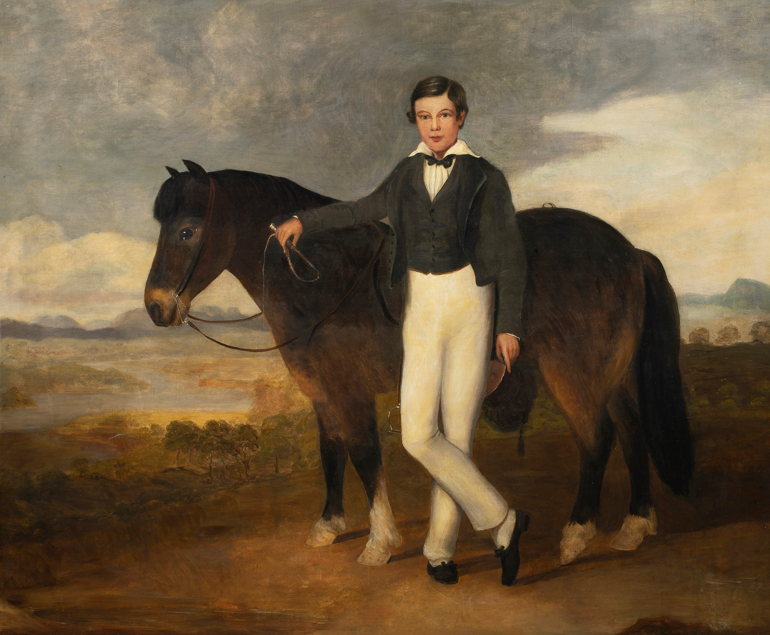 Attributed to Thomas Lawrence (British, 1769–1830), Untitled (Young Gentleman with Horse), oil on canvas, 36″ x 43″. Provenance: From the Estate of Harvey Clar (Orinda, California).