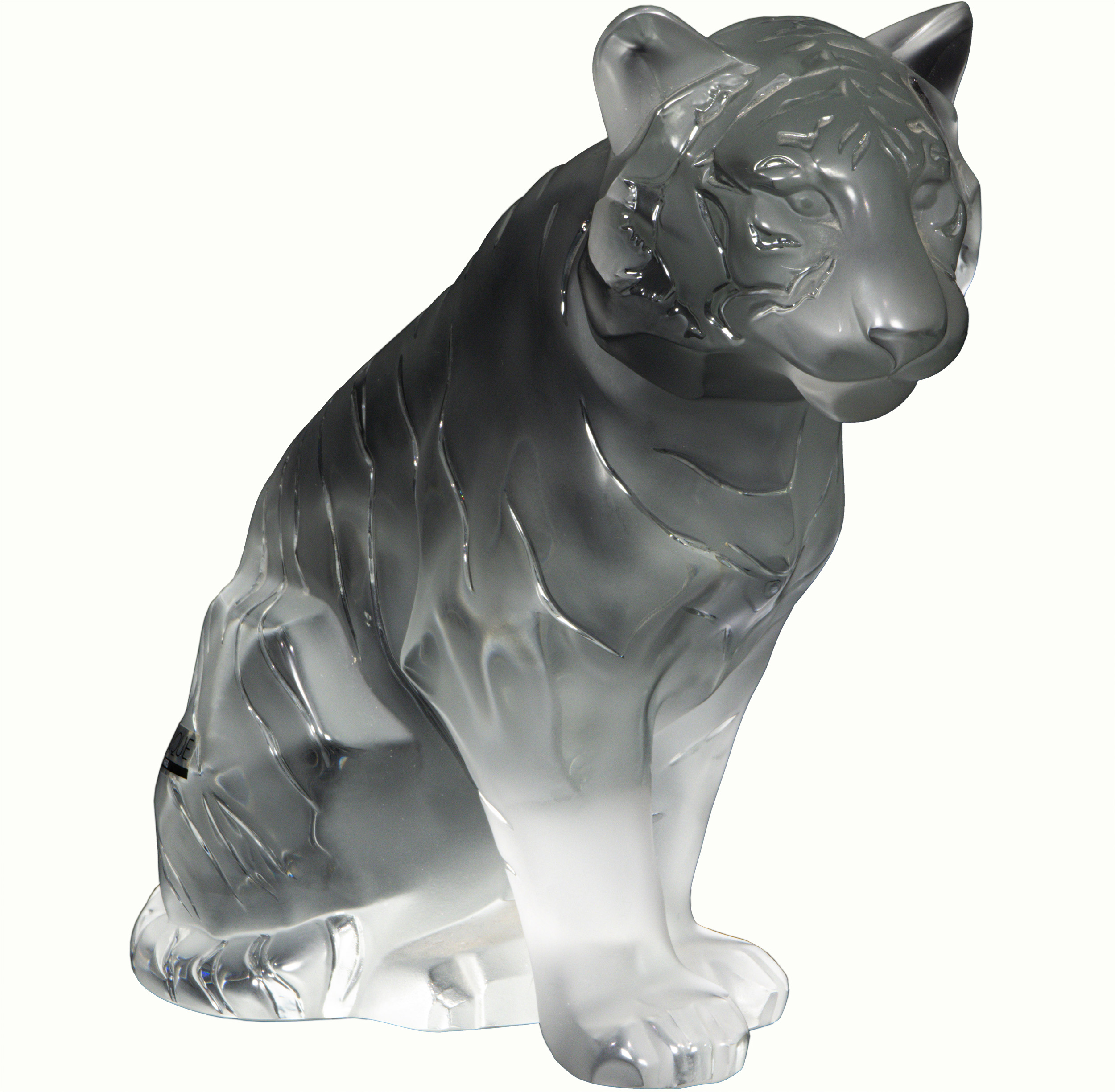 A Lalique clear and frosted glass model of a tiger, engraved factory mark and applied factory label, 9.5″ x 11″.