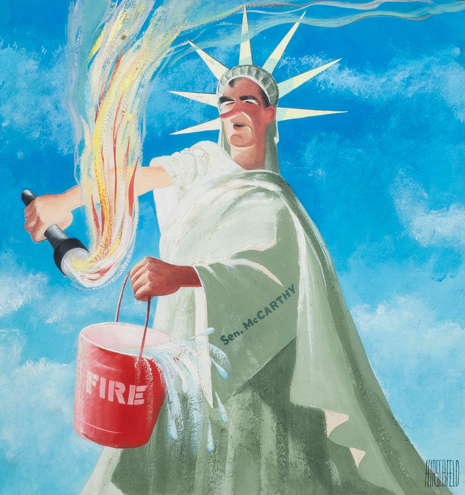 Al Hirschfeld (American, 1903–2003), <em>Joseph McCarthy Extinguishes Flame on the Statue of Liberty</em>, 1950, gouache on paper, published by <em>Collier</em> July 15, 1950, 13.25″ x 12.5″.