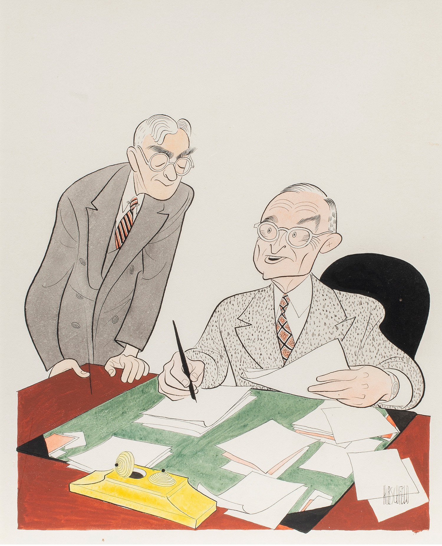 Al Hirschfeld (American, 1903–2003), Harry Truman and Bernard Baruch, He'd Rather Write than Be President, circa 1945, watercolor and ink on paper, 16″ x 13″.