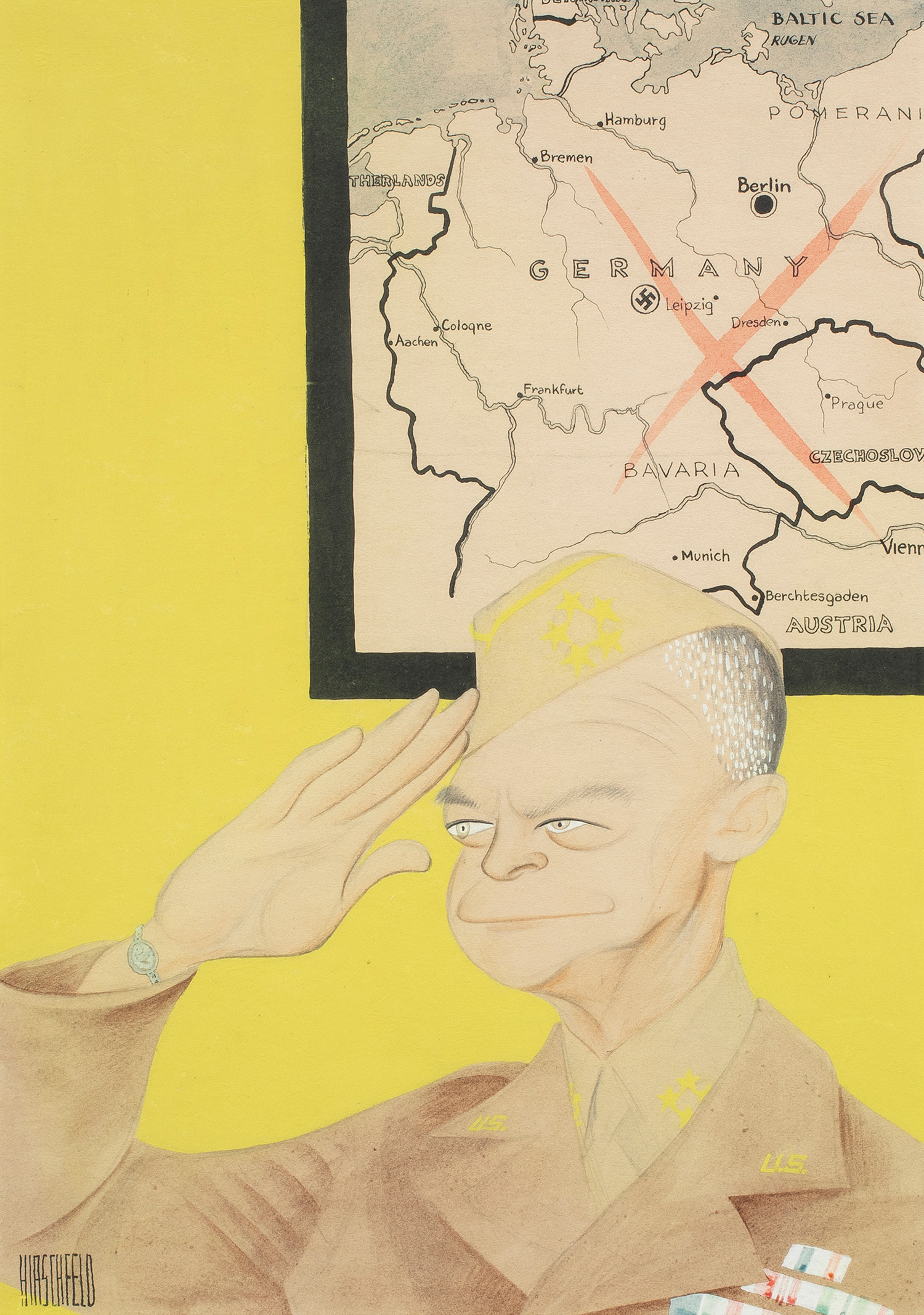 Al Hirschfeld (American, 1903–2003), General Dwight D. Eisenhower, 1945, gouache, pencil, and ink on paper, published for the cover of The American Mercury Magazine, July 1, 1945, 15.25″ x 10.75″.