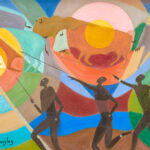Aaron Douglas (American, 1899–1979), Untitled, circa 1955, oil on canvas, signed lower left, 22″ x 44″.