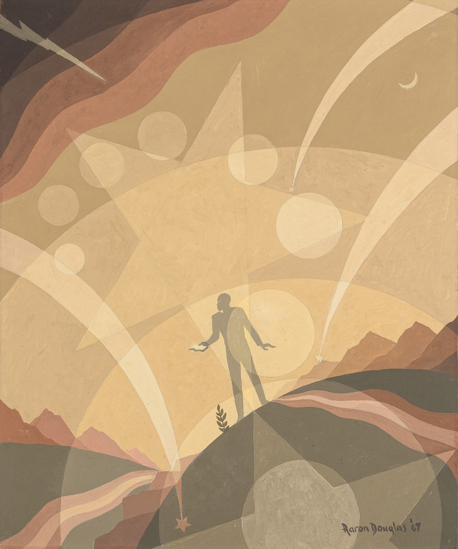 Aaron Douglas, <em>Inspiration</em>, 1967, oil on canvas panel, 30″ × 25″. <br>Smithsonian American Art Museum<b></b>