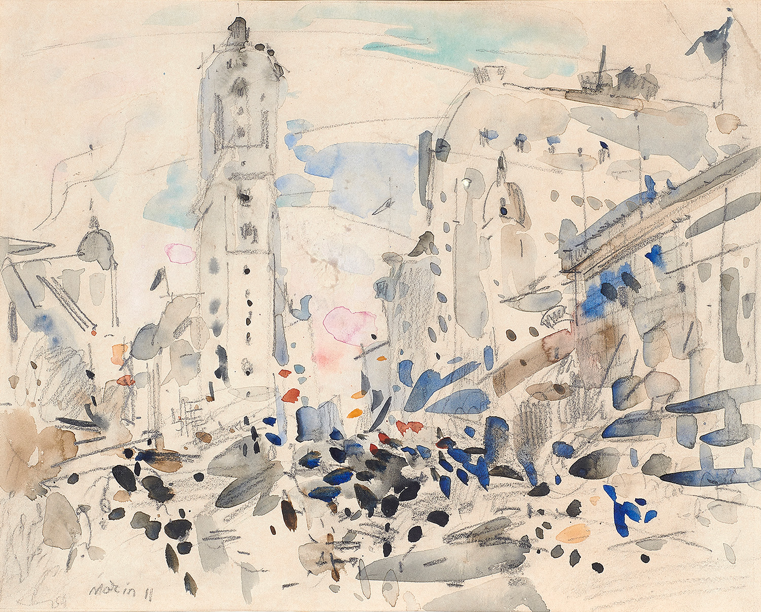 John Marin (American, 1870–1953), <em>Flatiron Building, NYC</em>, 1911, watercolor, 12″ x 15.75″.