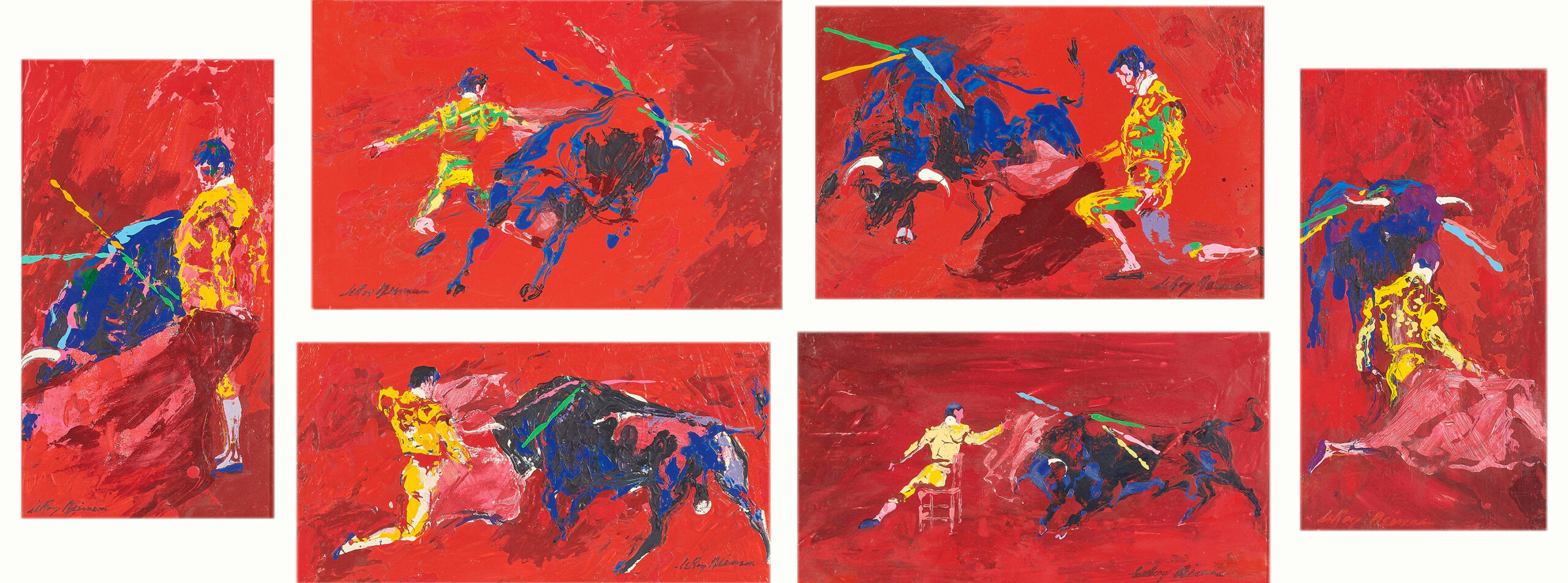 (lot of 6) LeRoy Neiman (American, 1921–2012), <em>The Red Corrida</em>, oils on panels, largest: 7.75″ x 11.75″.