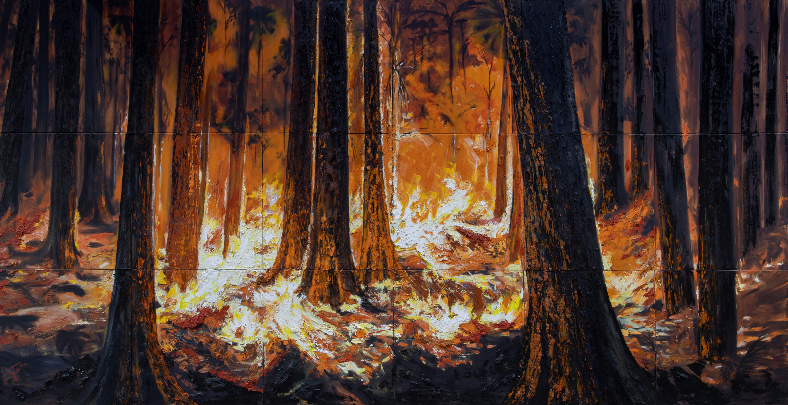 Jacqueline Gilmore (American, 21st century), <em>Ashes to Ashes</em>, 2016, oil on canvas, 90″ x 180″.