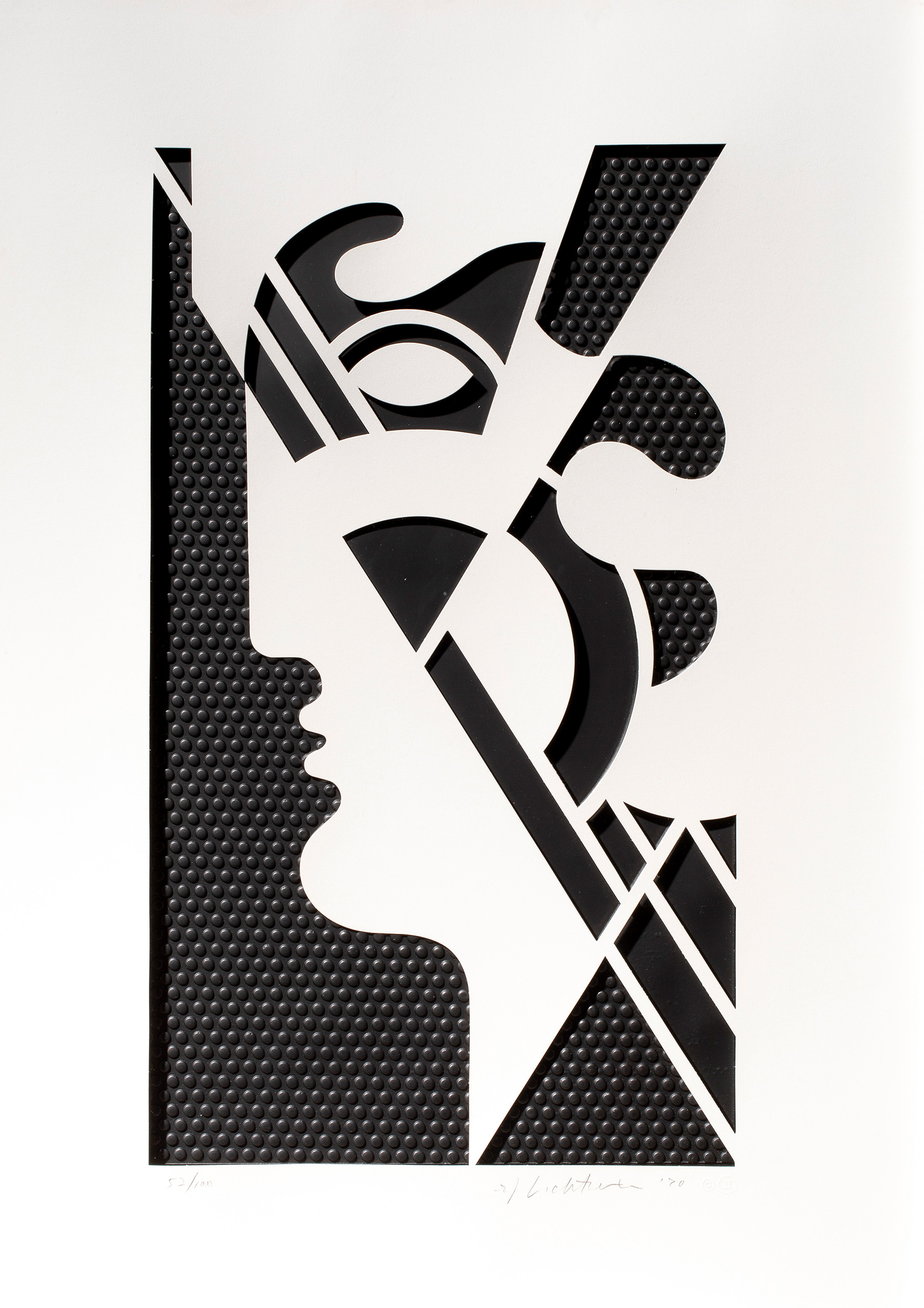 Roy Lichtenstein (American, 1923–1997), Modern Head #5, 1970, embossed graphite with Strathmore die-cut paper overlay, 20.25″ x 11.25″.