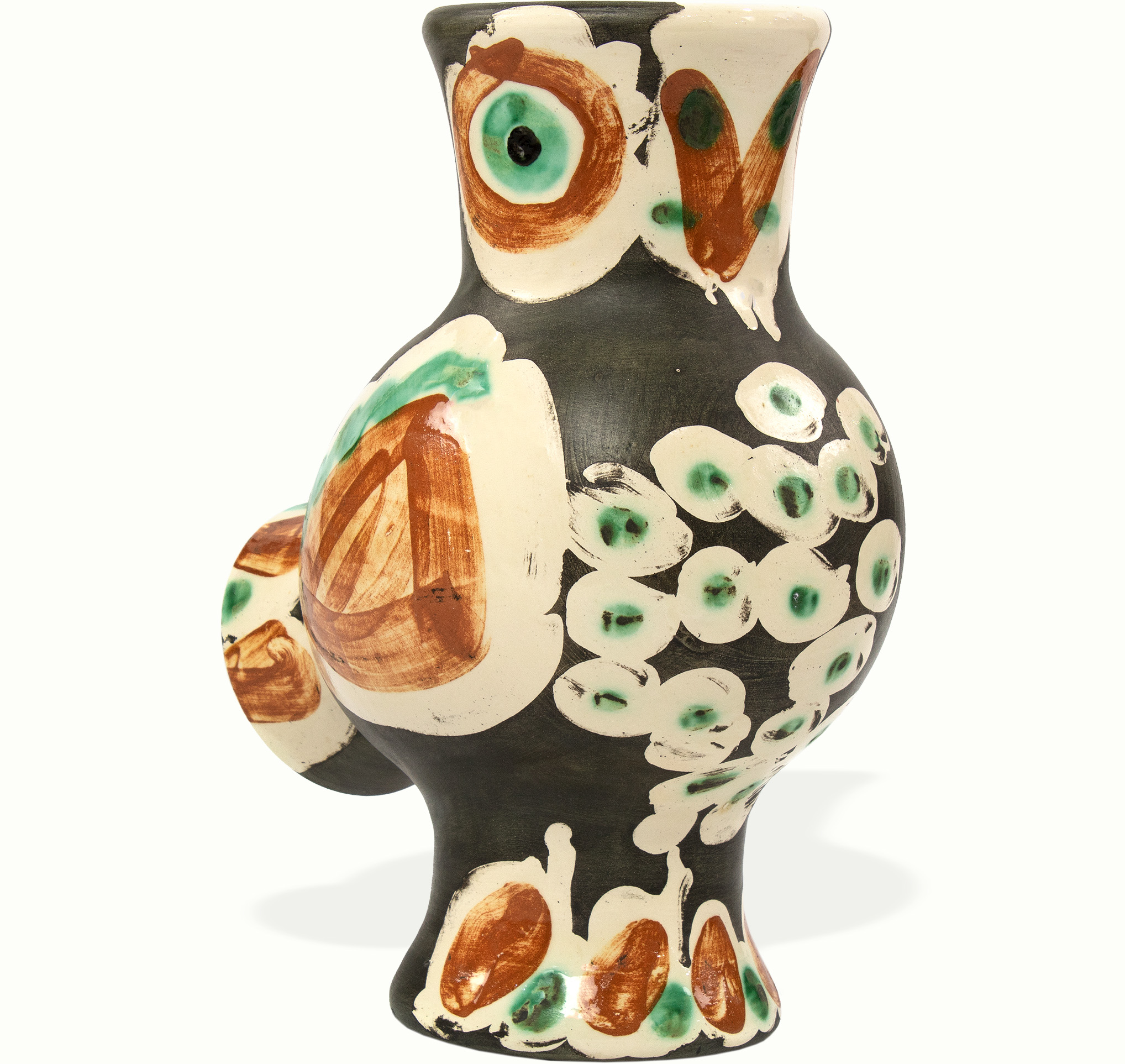 Pablo Picasso (Spanish, 1881–1973), Wood-Owl (Hibou des bois), 1968, partially glazed white earthenware pitcher painted in colors, 11.5″h x 8.5″w x 6″d.