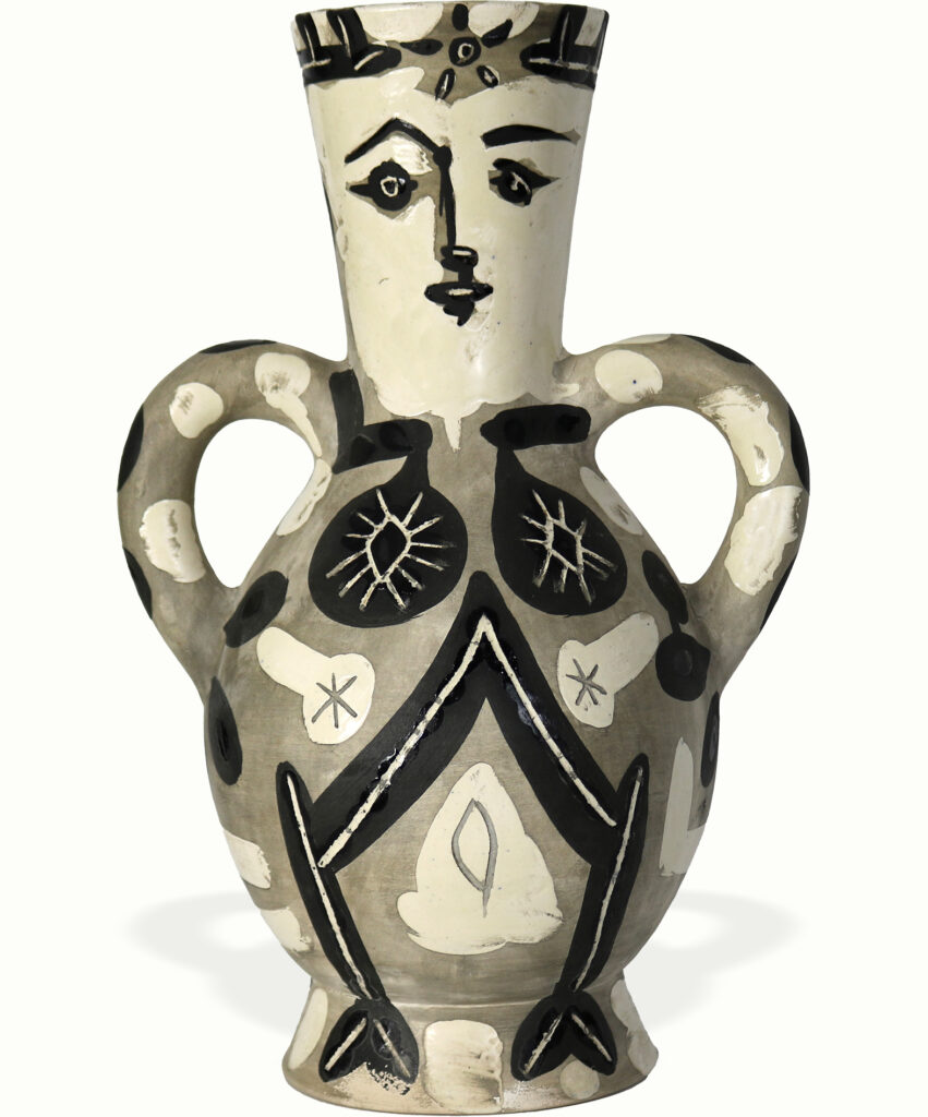 Pablo Picasso (Spanish, 1881–1973), Vase deux anses hautes, 1952, white earthenware ceramic vase (partially engraved), 15″h x 9.5″w x 6.75″d.