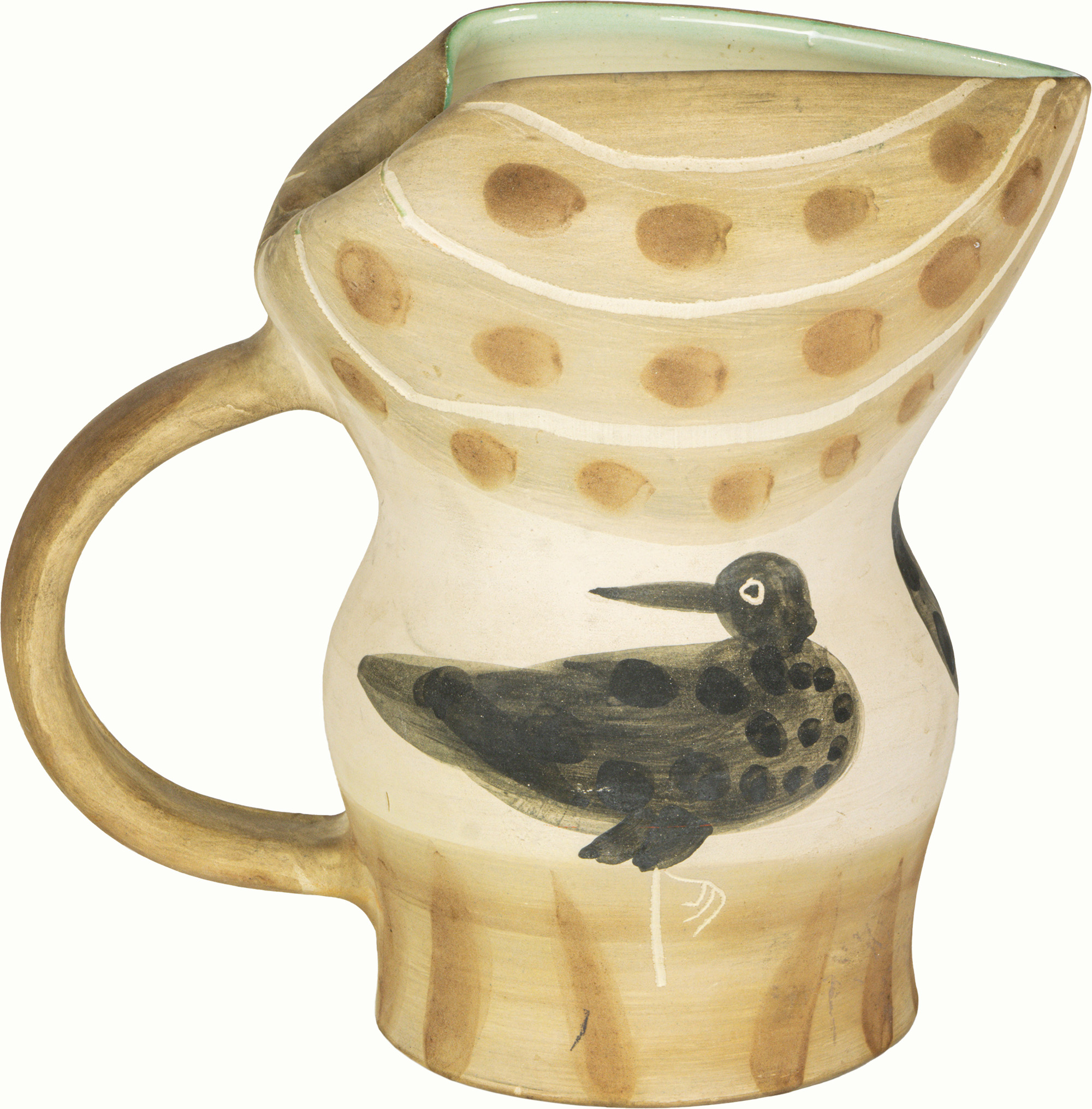 Pablo Picasso (Spanish, 1881–1973), Piquet Gothique aux Oiseaux, 1953, terre de faience pitcher painted in colors with partial glaze, 11″h.