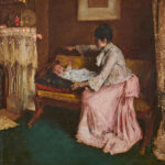 William Merritt Chase (American, 1849–1916), A Mother’s Joy, 1889, oil on panel, signed “Wm. M. Chase” lower left, 17″ x 17″ (43.2 x 43.2 cm).