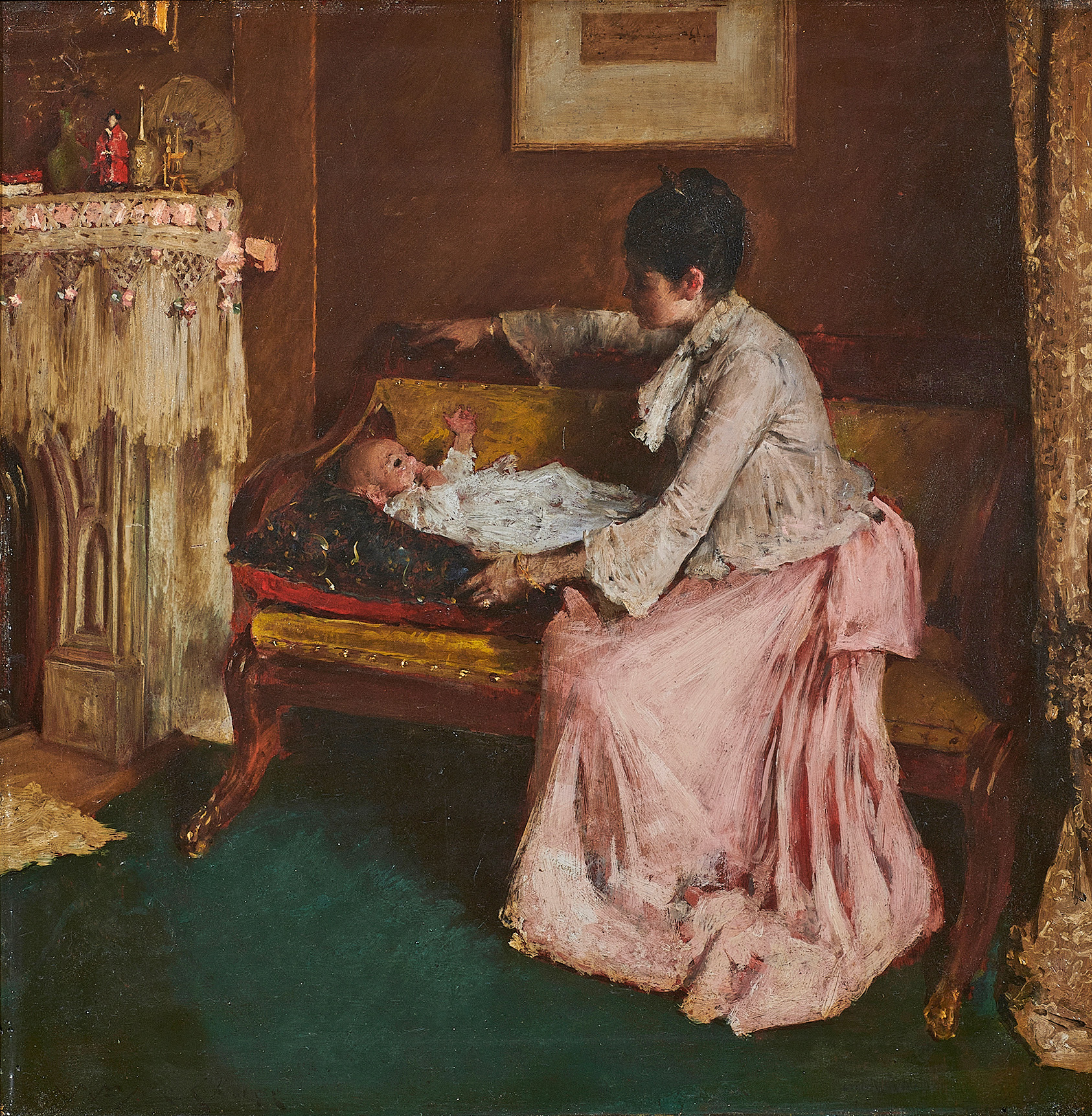 William Merritt Chase (American, 1849–1916), A Mother’s Joy, 1889, oil on panel, signed “Wm. M. Chase” lower left, 17″ x 17″ (43.2 x 43.2 cm).