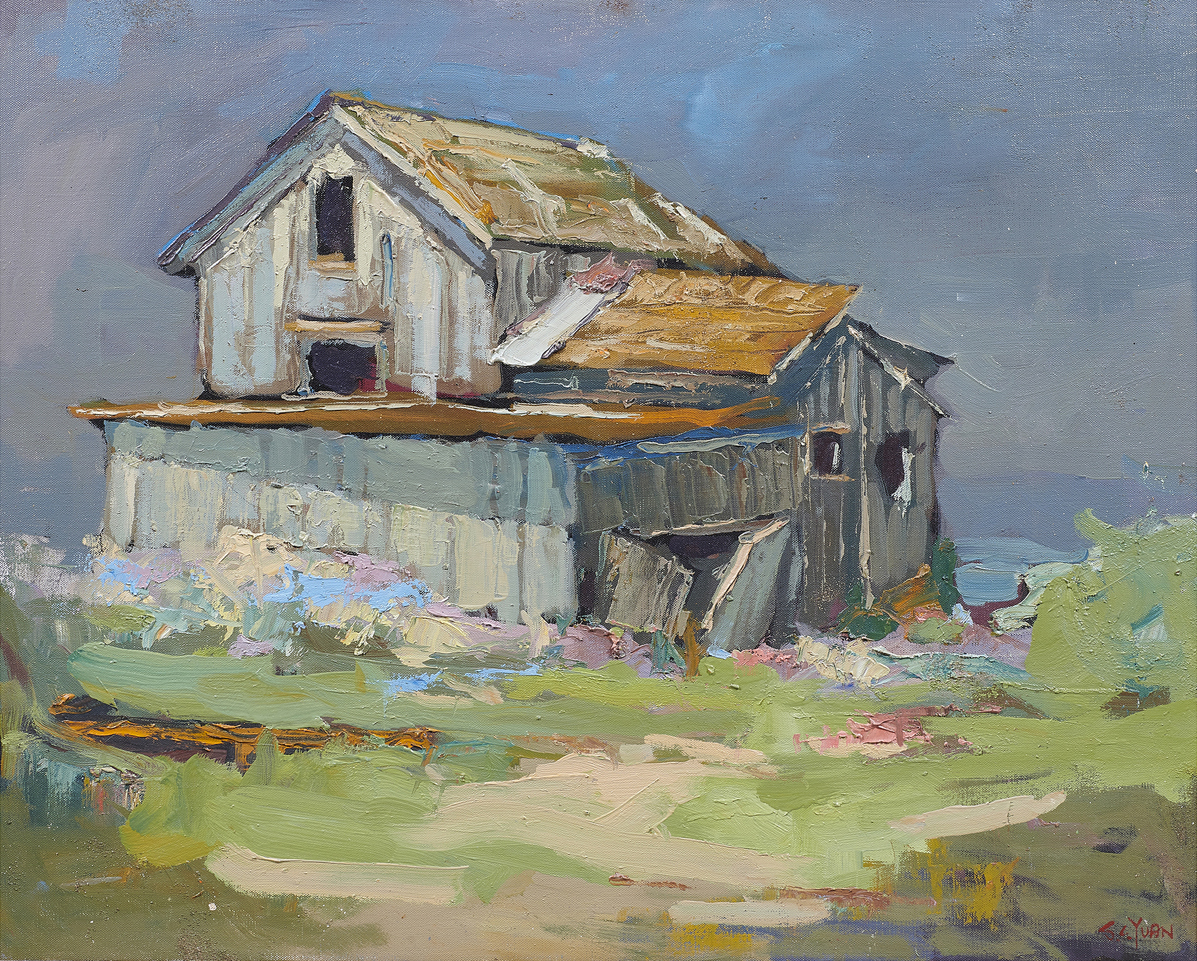 S.C. Yuan (American, 1911–1974), <em>Untitled (Barn)</em>, oil on canvas, 24″ x 30″.