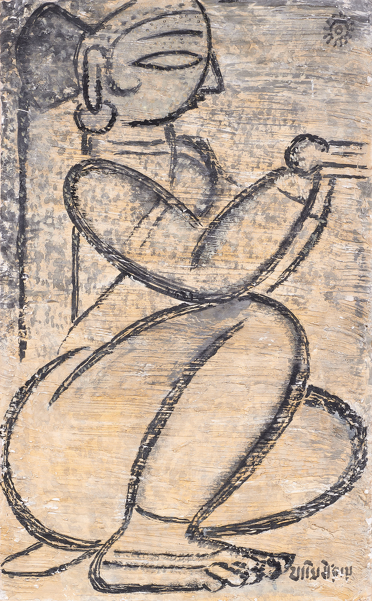 Jamini Roy (Indian, 1887–1972), Untitled (Seated Figure), 1967, gouache on paper, 21″ x 13″.