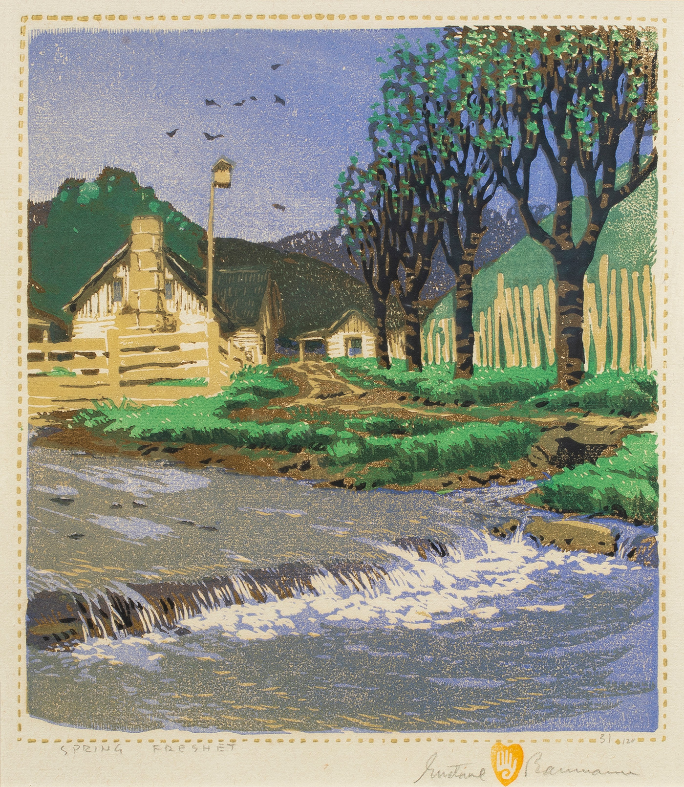 Gustave Baumann (American/German, 1881–1971), Spring Freshet, woodcut in colors, 11″ x 10″.