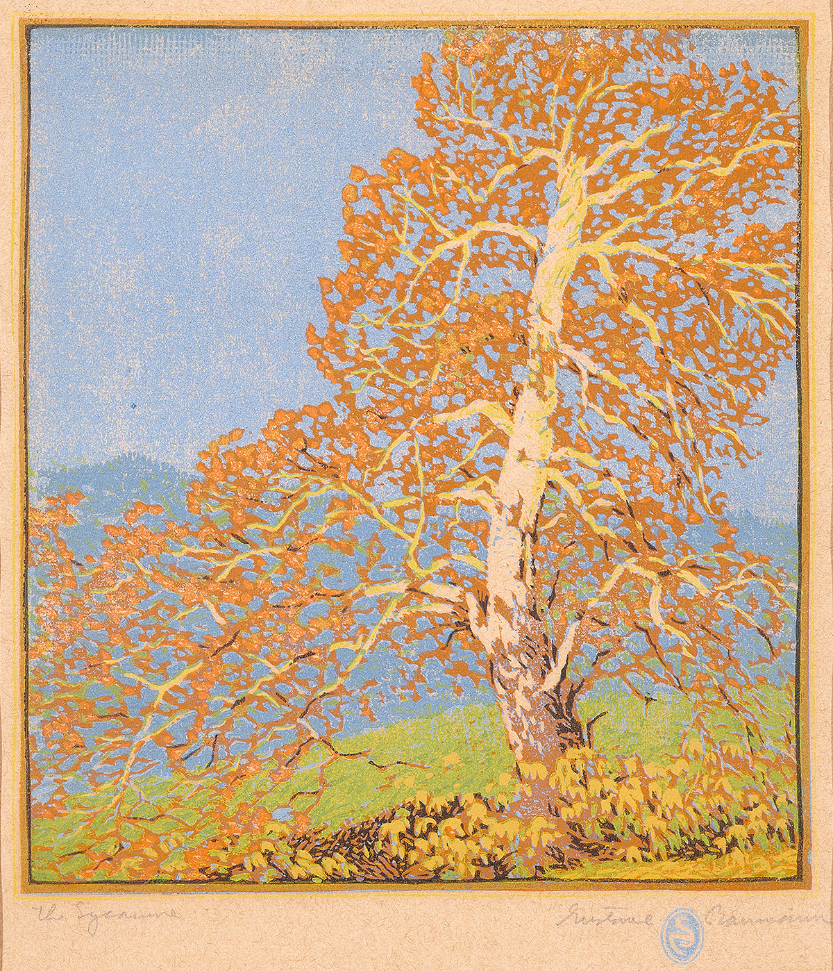 Gustave Baumann (American/German, 1881–1971), The Sycamore, woodcut in colors, 10″ x 9.5″.