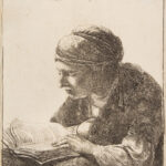 Rembrandt van Rijn (Dutch, 1606–1669), Woman Reading, 1634, etching on laid paper with partial watermark, 5″ x 4″.Estimate: $10,000–$15,000