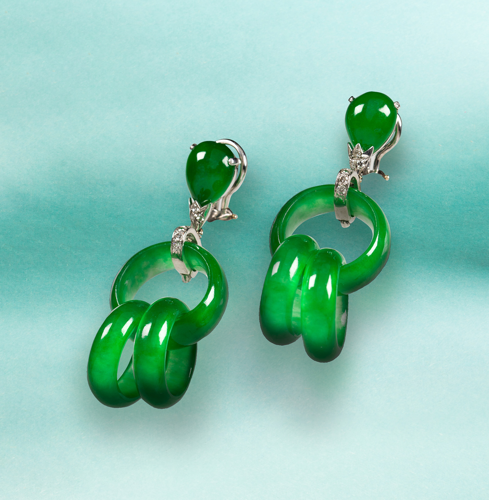 A pair of ‘A Grade’ jadeite and platinum earrings.Sold: $88,200