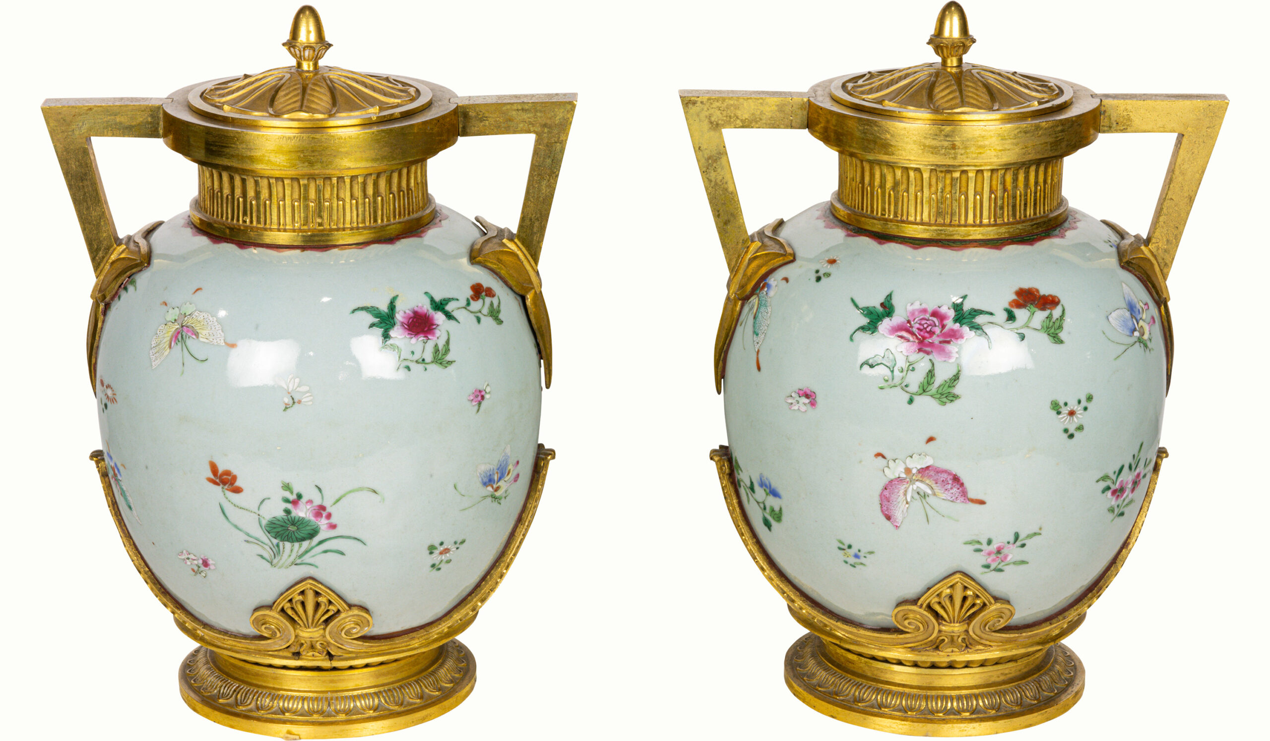 A pair of Neoclassical gilt bronze mounted Chinese porcelain covered urns. Estimate: $1,800–$2,500