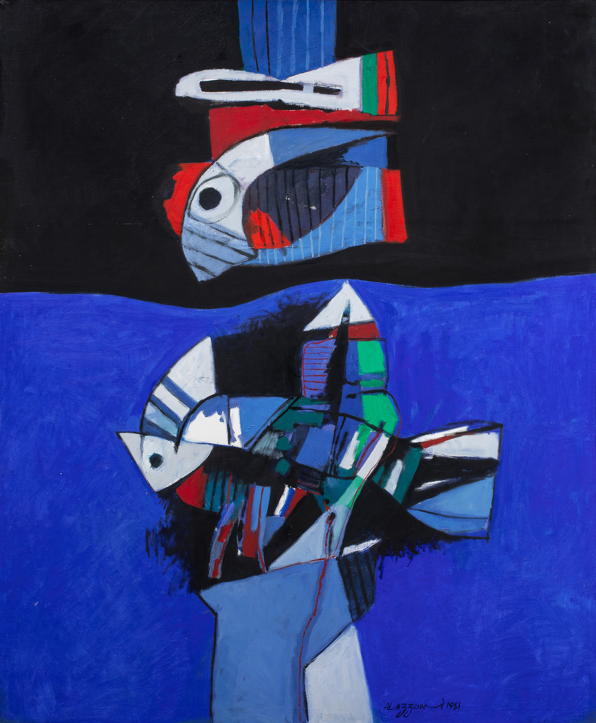 Dia al-Azzawi (Iraqi, b. 1939), Sleeping Bird, 1981, oil on canvas, 47.25″ x 39.38″ (120 x 100 cm). Estimate: $15,000–$20,000