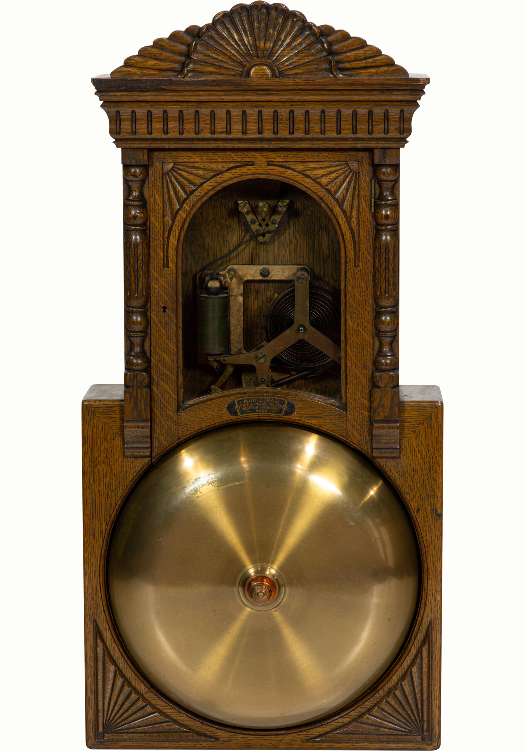An American oak and brass fire alarm gong, Municipal Fire & Police Telegraph Co., MA. Estimate: $2,500–$3,500