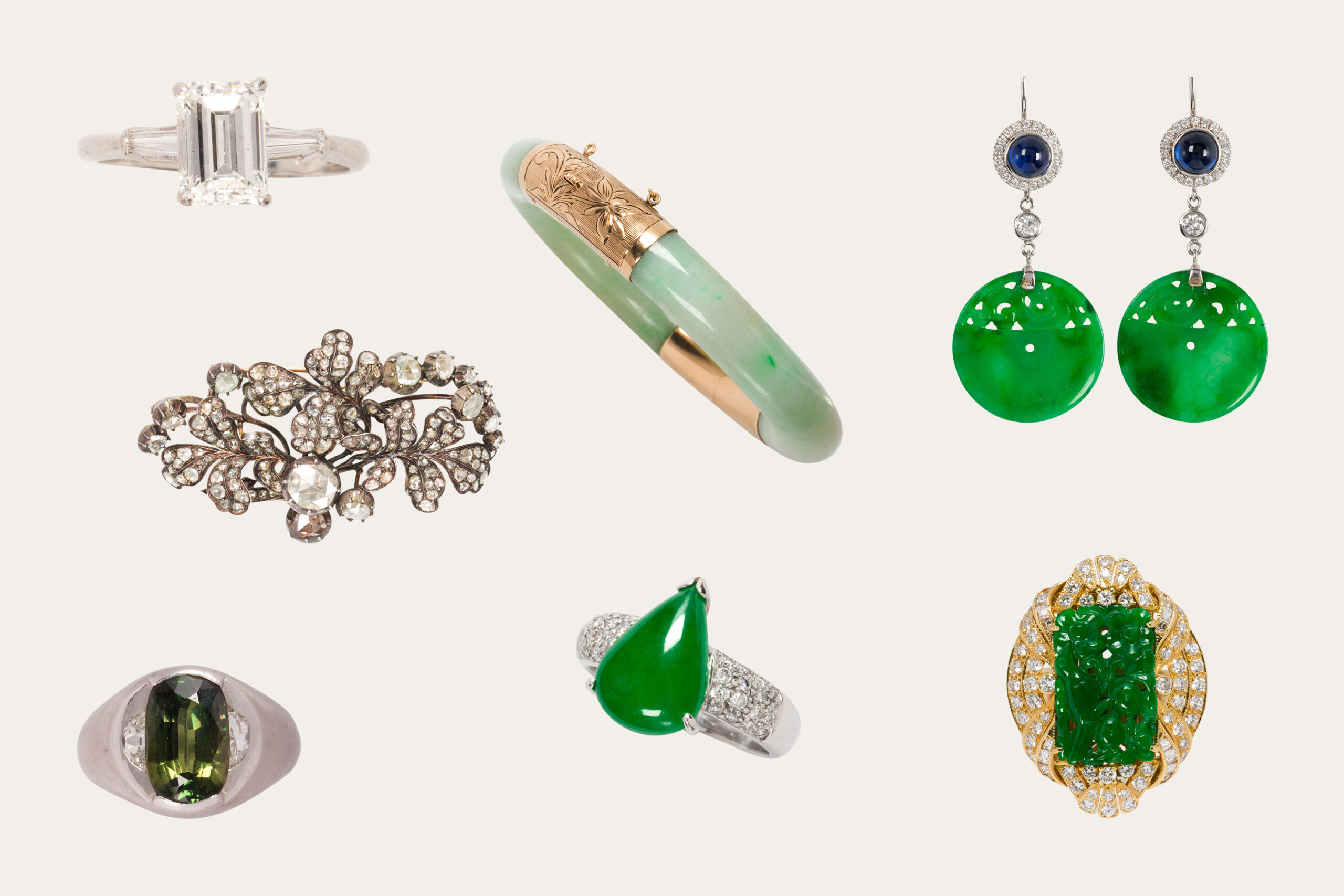 Clockwise (starting top left): A diamond and platinum ring. Estimate: $4,000–$6,000; A jade and 14k bangle. Estimate: $500–$700; A pair of ‘A’ jadeite jade, diamond, sapphire and 18k white gold earrings. Estimate: $5,000–$7,000; An ‘A’ jadeite jade, diamond and 14k gold ring. Estimate: $4,000–$6,000; An ‘A’ jadeite jade, diamond and 18k white gold ring. Estimate: $5,000–$6,000; A natural alexandrite, diamond, and platinum ring. Estimate: $3,000–$5,000; An antique diamond and silver-topped 14k gold brooch. Estimate: $10,000–$20,000