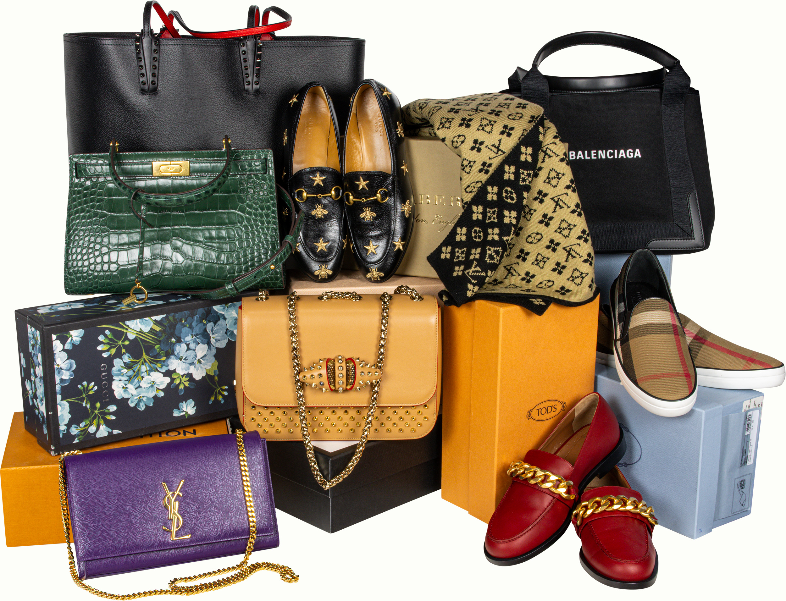A collection of luxury handbags and shoes including Gucci, Burberry, Prada, Alexander McQueen, and Saint Laurent. Estimates Vary