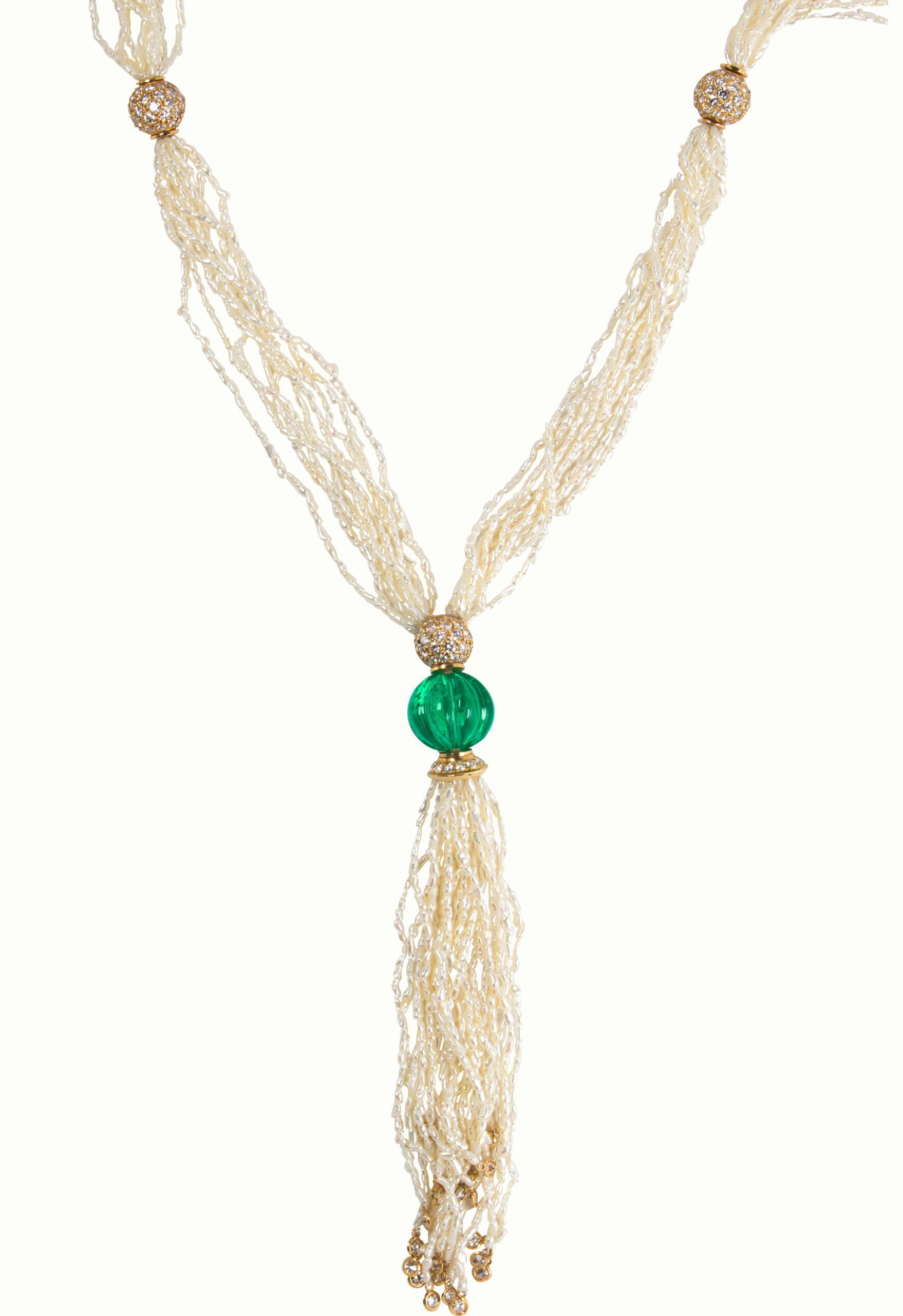 A Colombian emerald, seed pearl, diamond and 18k gold necklace.Sold: $59,850