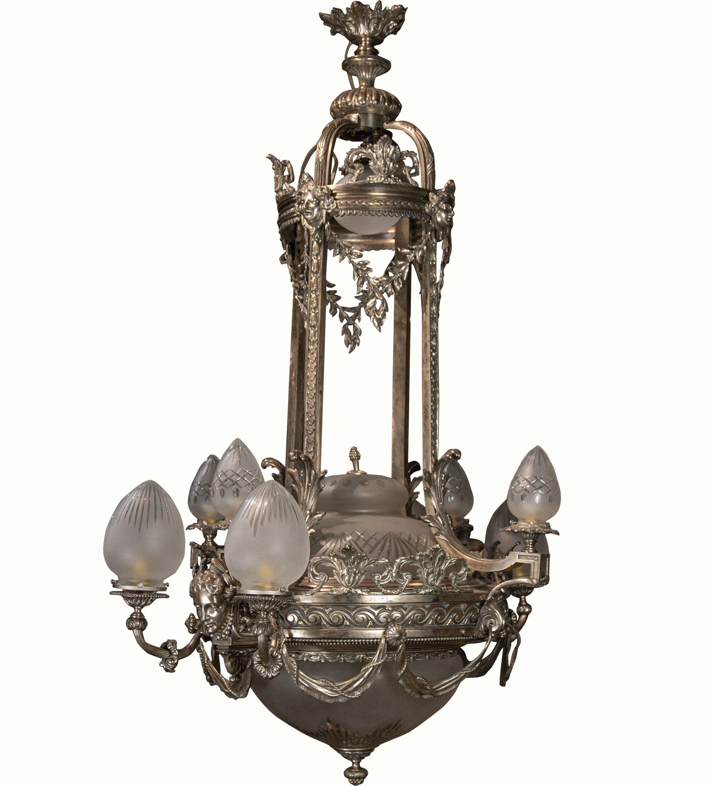 A fine and imposing Belle Époque silvered bronze nine-light chandelier.<br><b>Estimate: $4,000–$6,000</b>