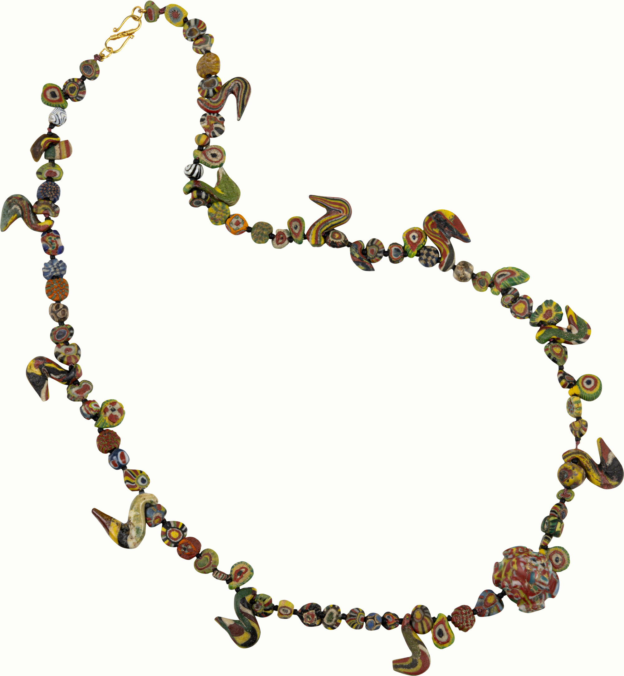 A strand of ancient Byzantine folded mosaic glass beads.<br><b>Estimate: $1,000–$1,500</b>