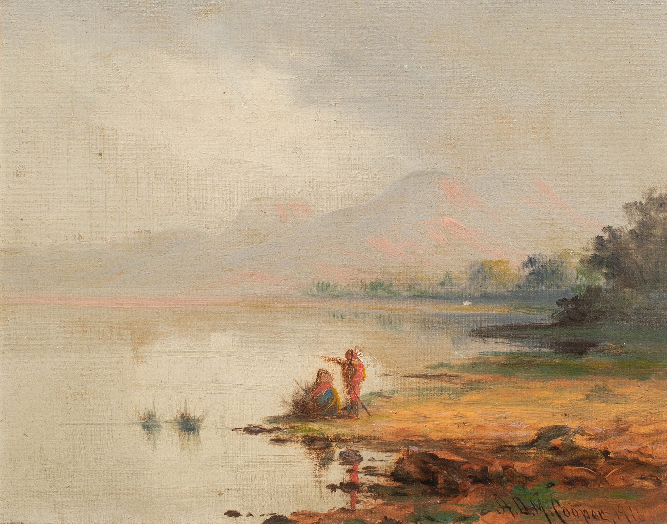 Astley David Middleton (ADM) Cooper (American, 1856–1924), <em>Untitled (Native Americans by a River)</em>, 1916, oil on canvas, 8″ x10″.<br><b>Estimate: $700–$1,000</b>