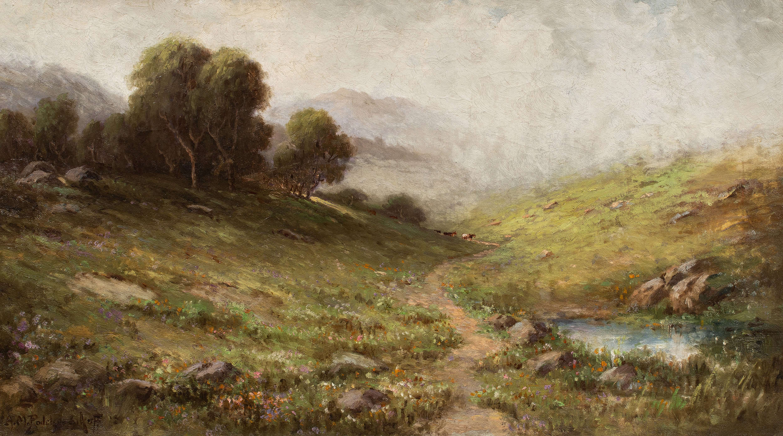Alexis Matthew Podchernikoff (American/Russian, 1886–1933), <em>Untitled (Cows on a Hillside)</em>, oil on canvas, 16″ x 27″.<br><b>Estimate: $800–$1,200</b>