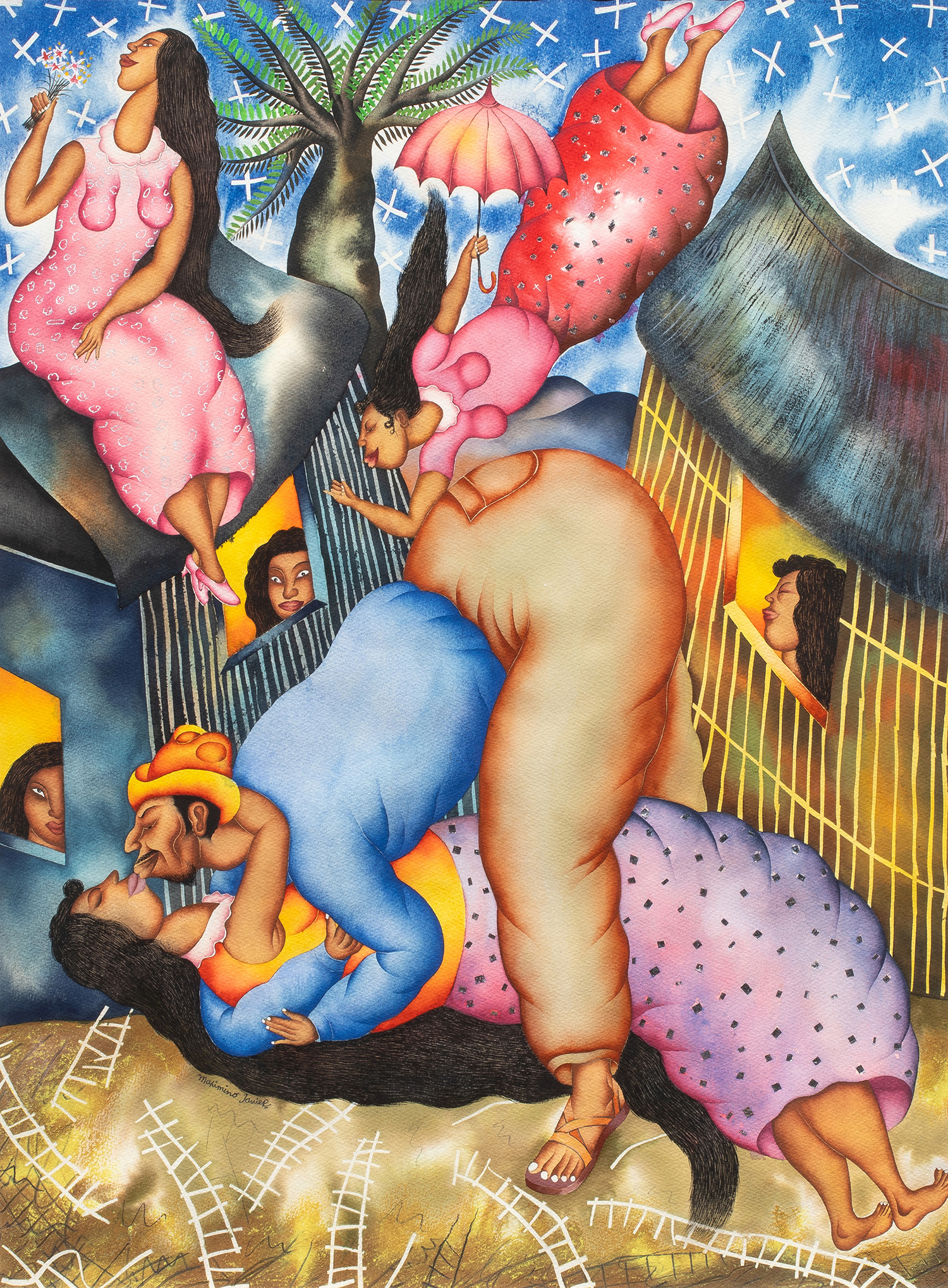 Maximino Javier (Mexican, b. 1948), <em>La Matlacihua I</em>, 1994, gouache on paper, 29.5″ x 21.5″.<br><b>Estimate: $2,000–$4,000</b>